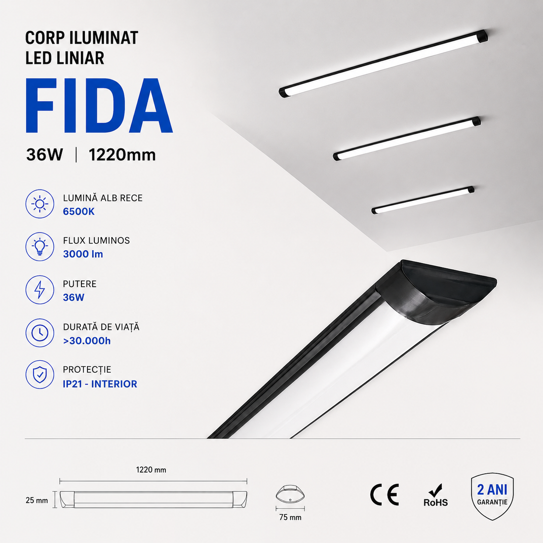 LED осветително тяло 36W Fida BLACK 120cm IP21