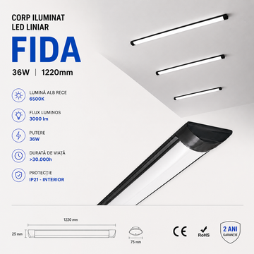 LED осветително тяло 36W Fida BLACK 120cm IP21