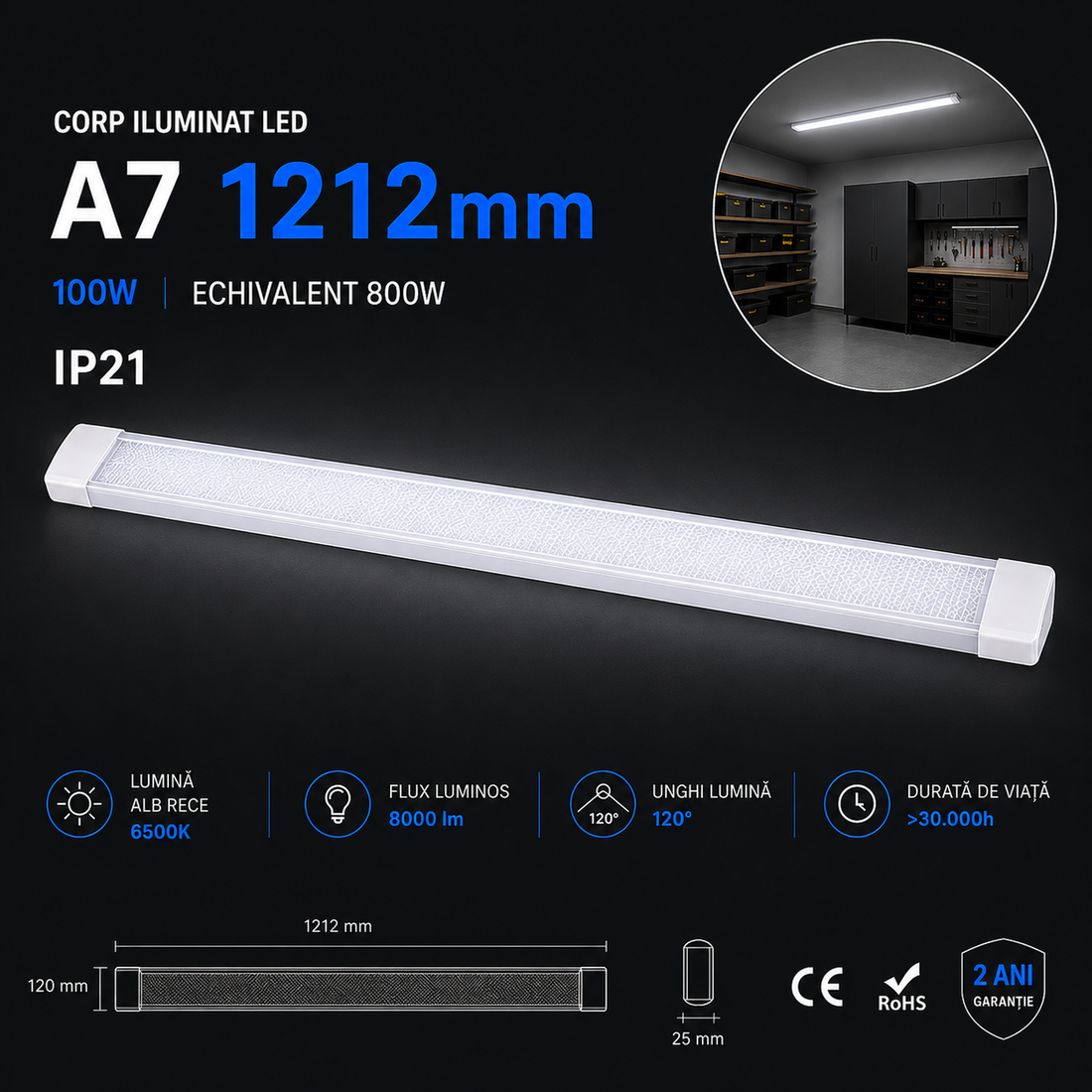 LED осветително тяло 100W A7 120cm IP21 Еквивалент 800W