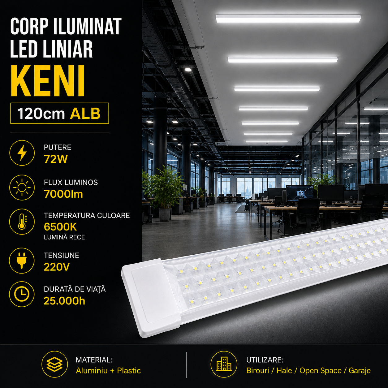 Линеен LED осветителен корпус Бял KENI 120cm Еквивалент 700W