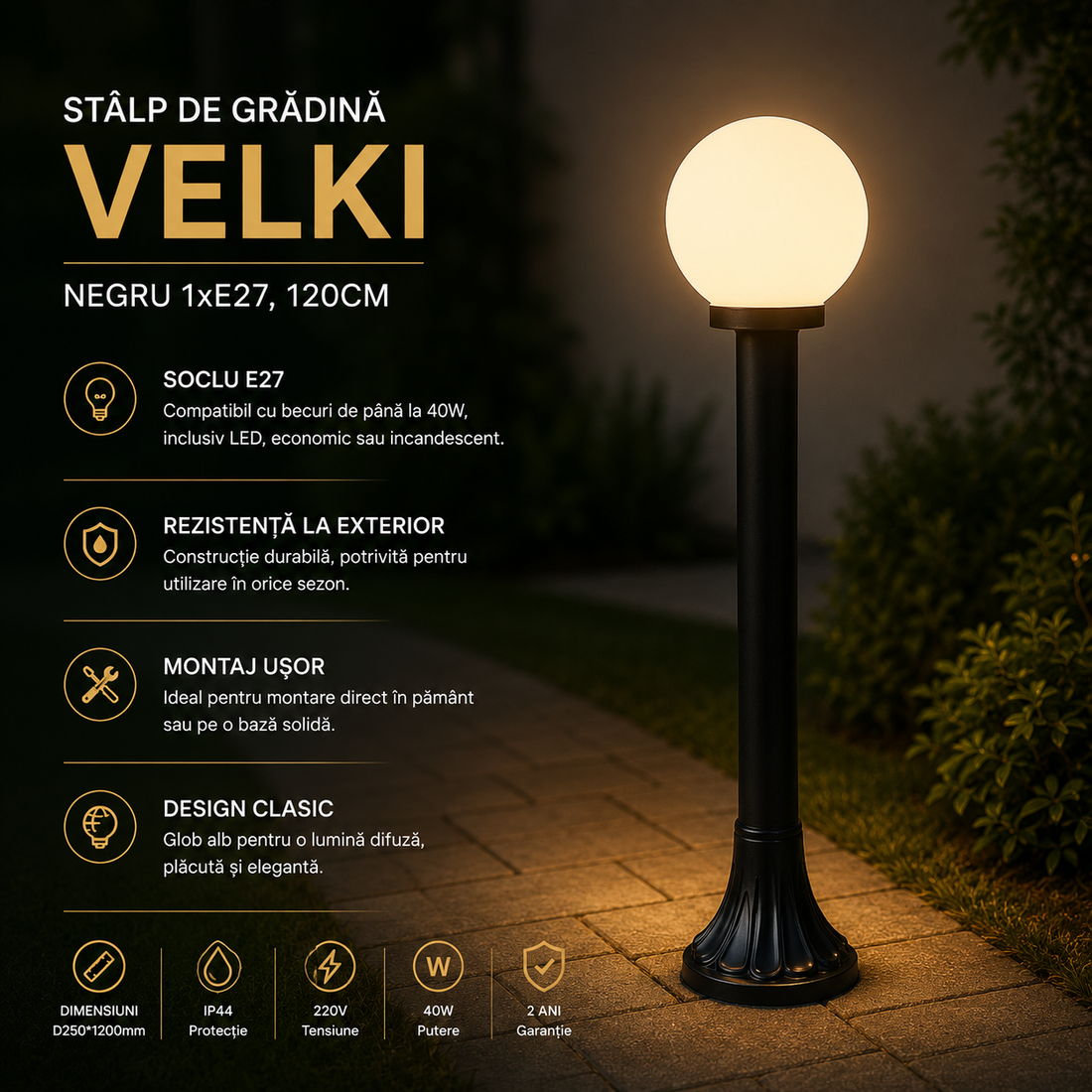 Градински стълб VELKI черен 1xE27 120CM