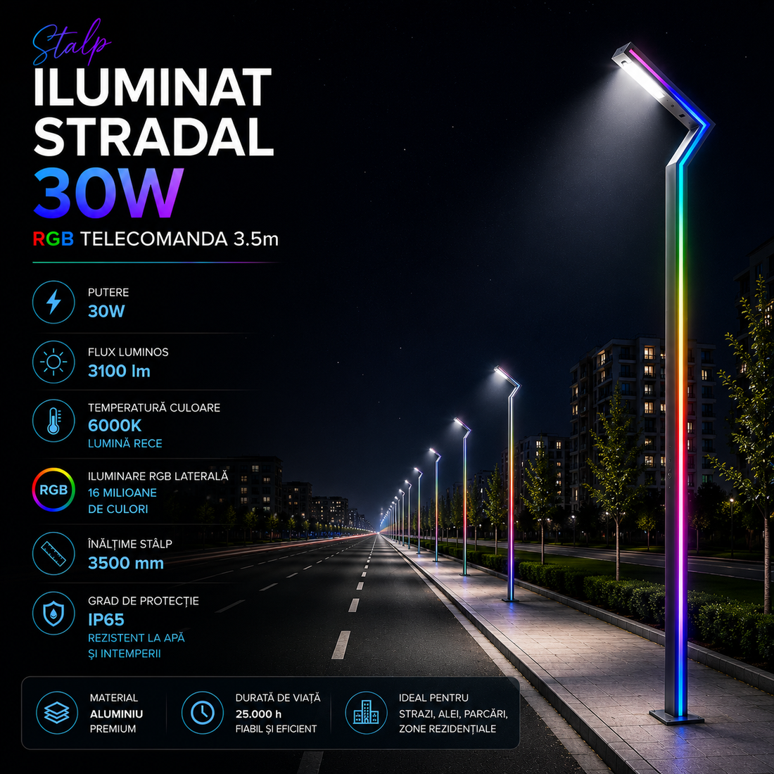 Уличен осветителен стълб 30W RGB с дистанционно 3.5m