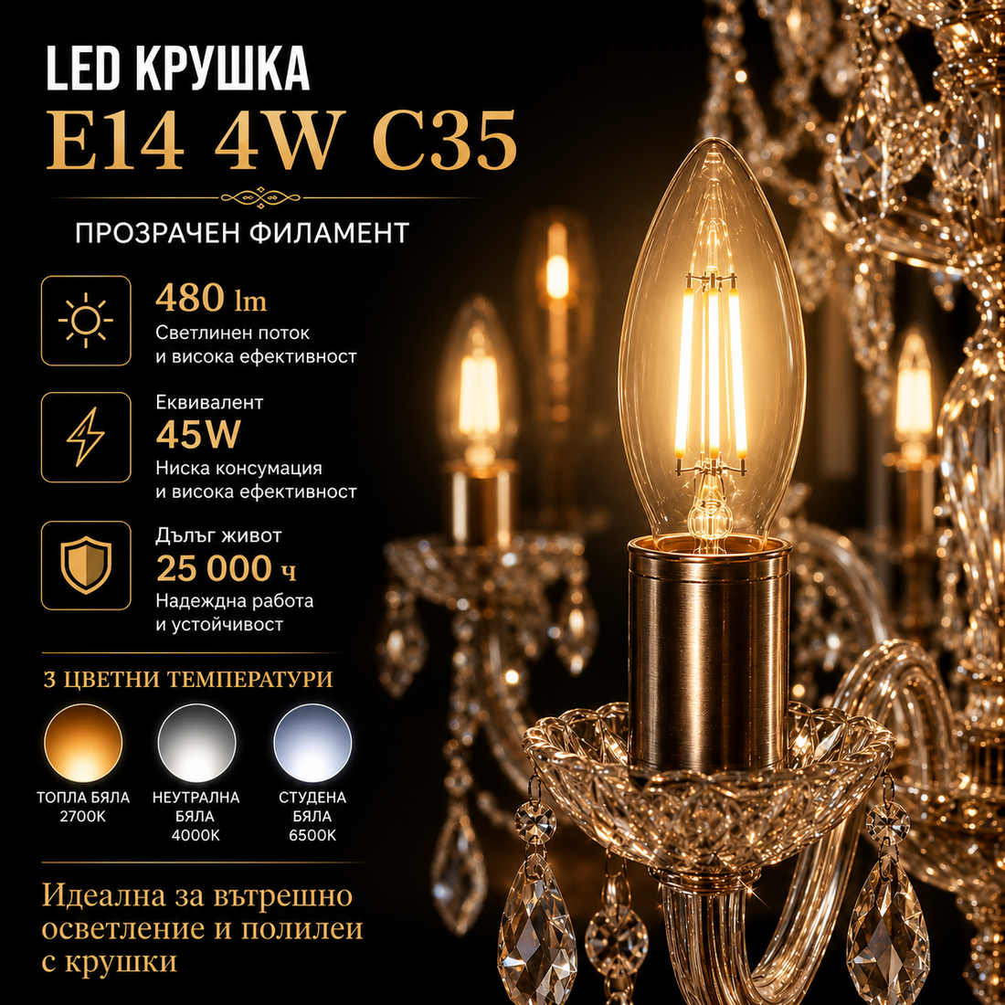 LED крушка E14 4W Филамент Свещ Прозрачна