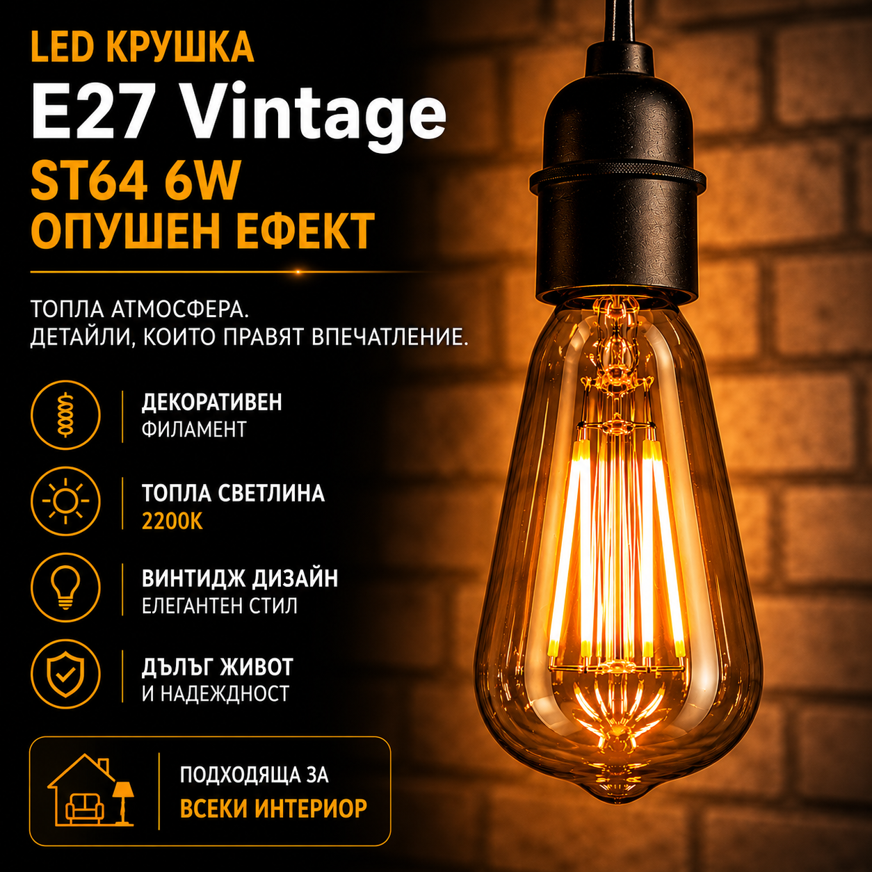 LED крушка E27 винтидж ST64 6W