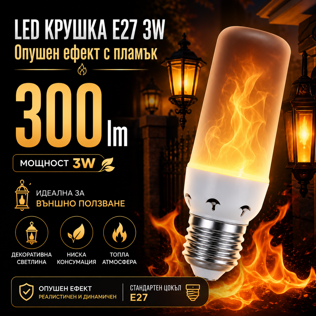 LED крушка E27 3W ефект пламък