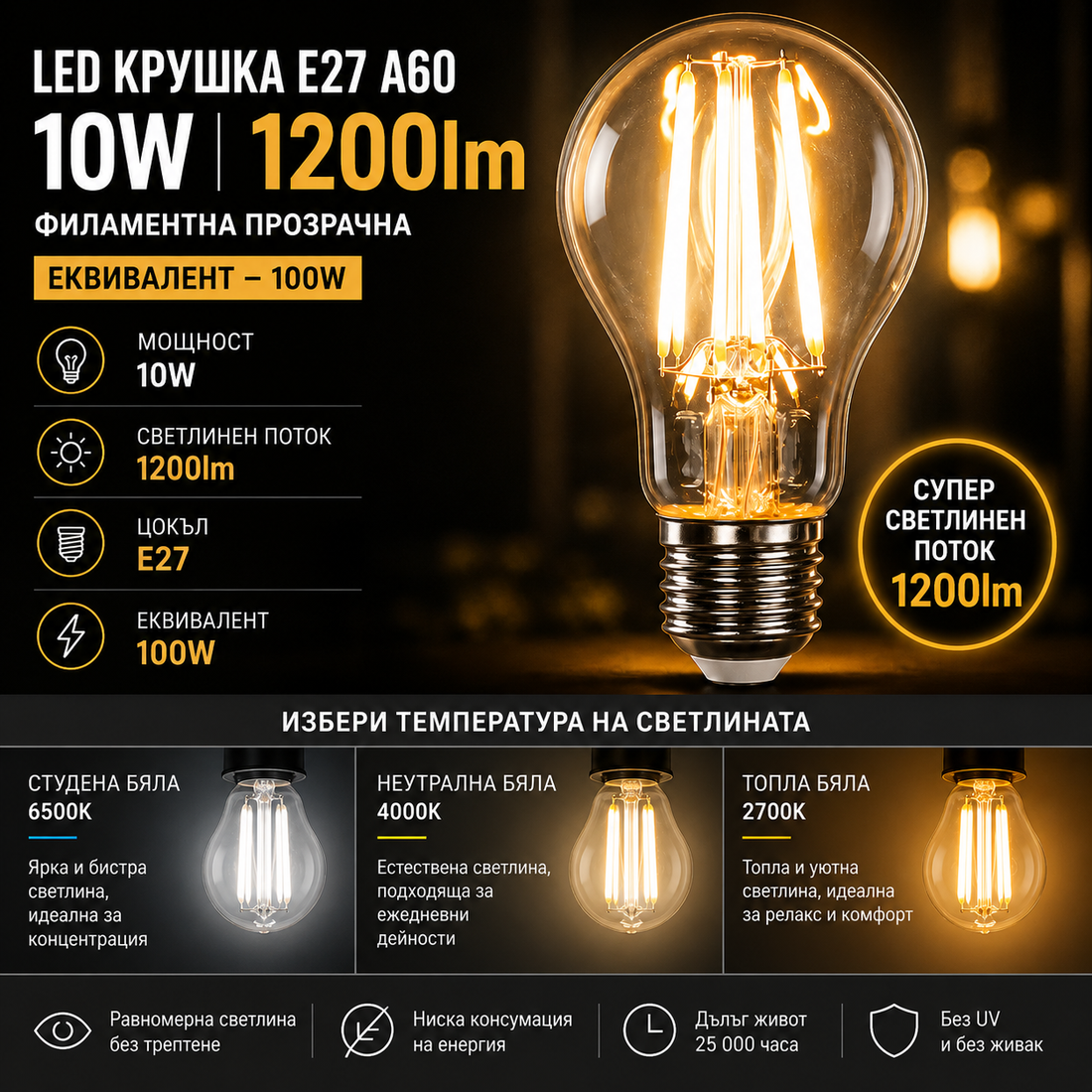 LED крушка E27 10W Филамент A60