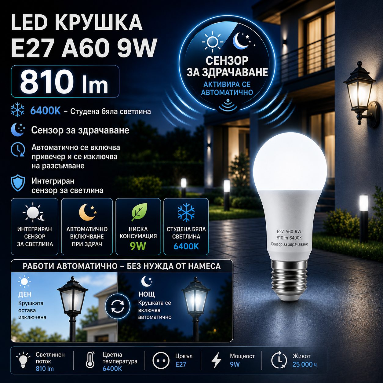LED крушка E27 9W с фотоклетъчен сумрачен сензор