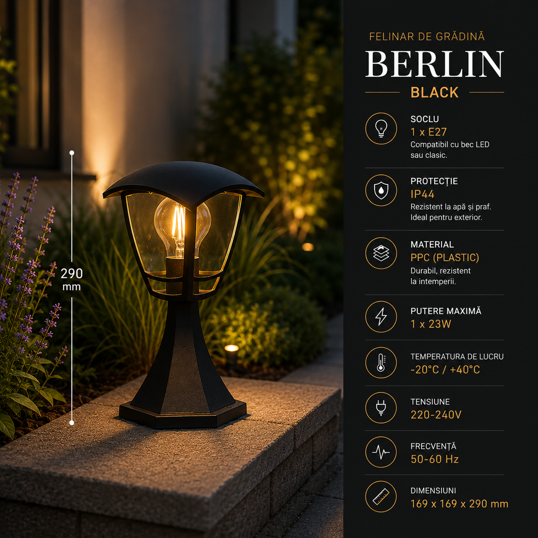 Градински фенер BERLIN Black
