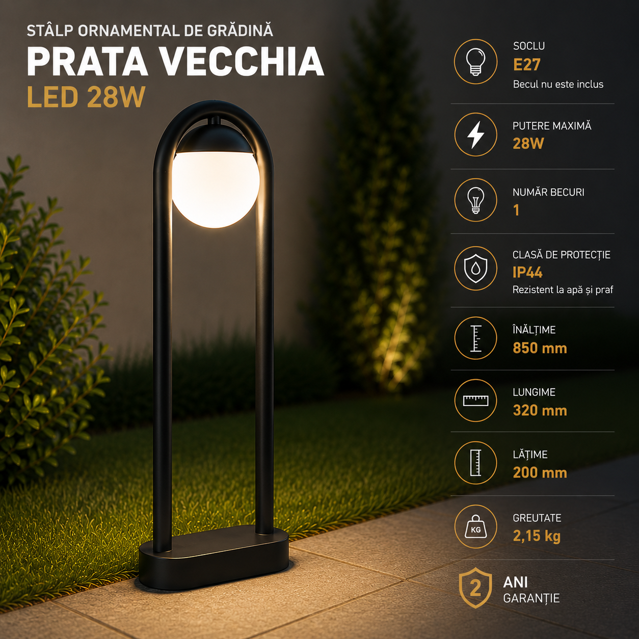Орнаментален градински стълб LED 28W PRATA VECCHIA 85CM 98733