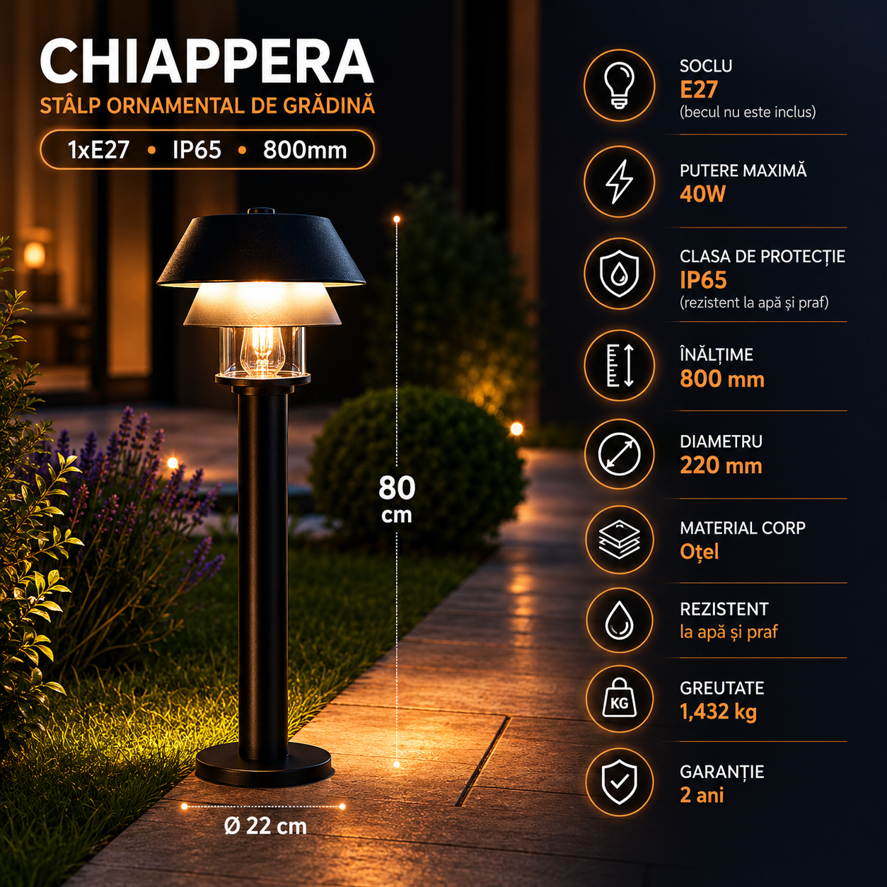 Декоративен градински стълб 1xE27 IP65 900803 CHIAPPERA