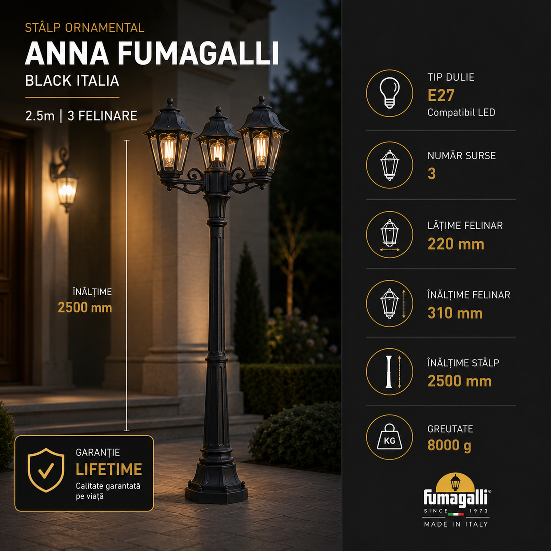 Орнаментален стълб 2 метра, оборудван с 3 фенера Anna Fumagalli