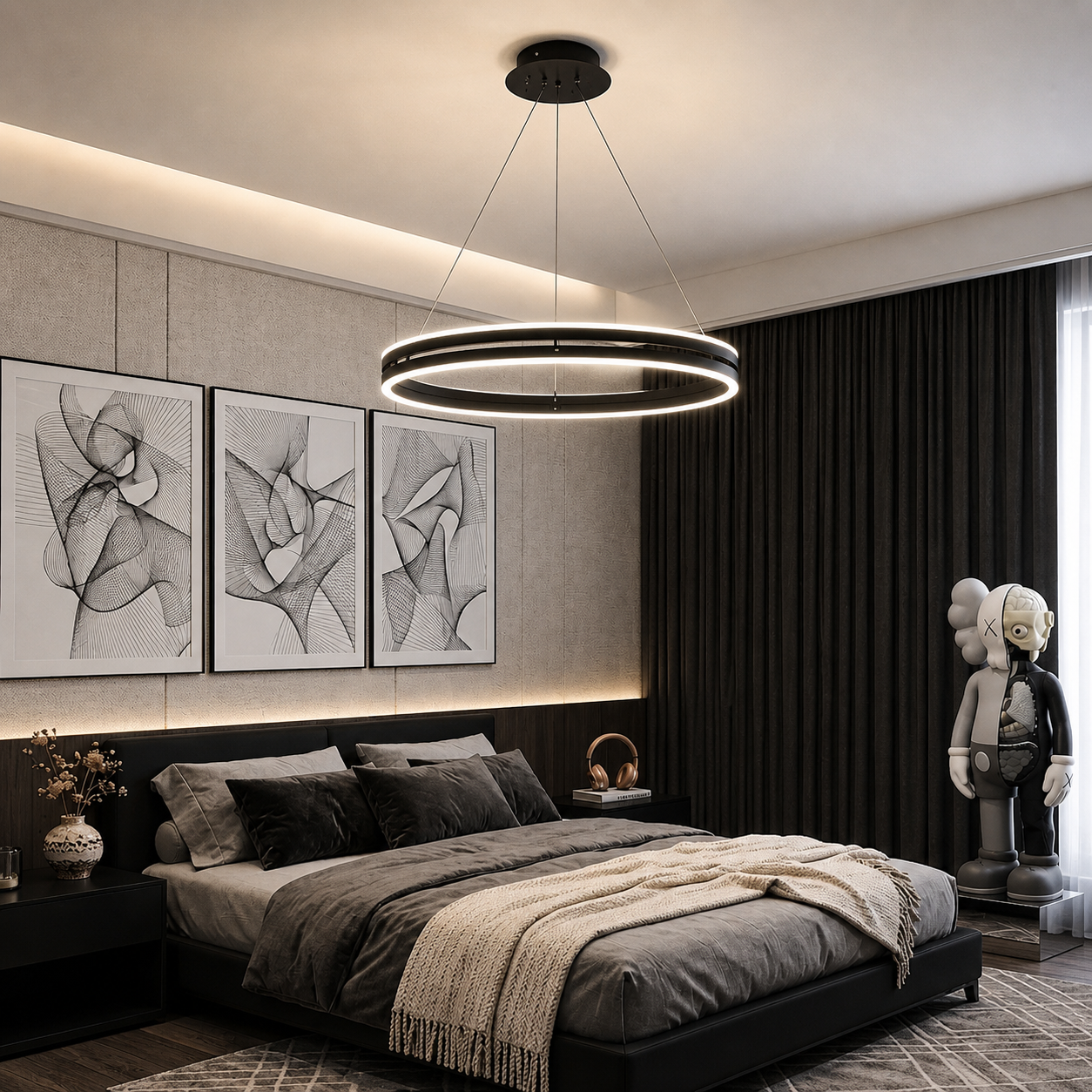 LED осветително тяло Maxi Ring Черно, висящо, еквивалент 800W, с дистанционно