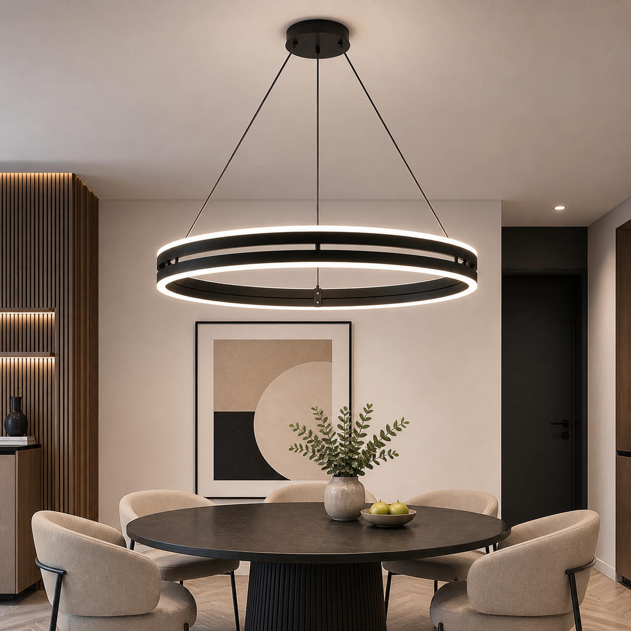 LED осветително тяло Maxi Ring Черно, висящо, еквивалент 800W, с дистанционно