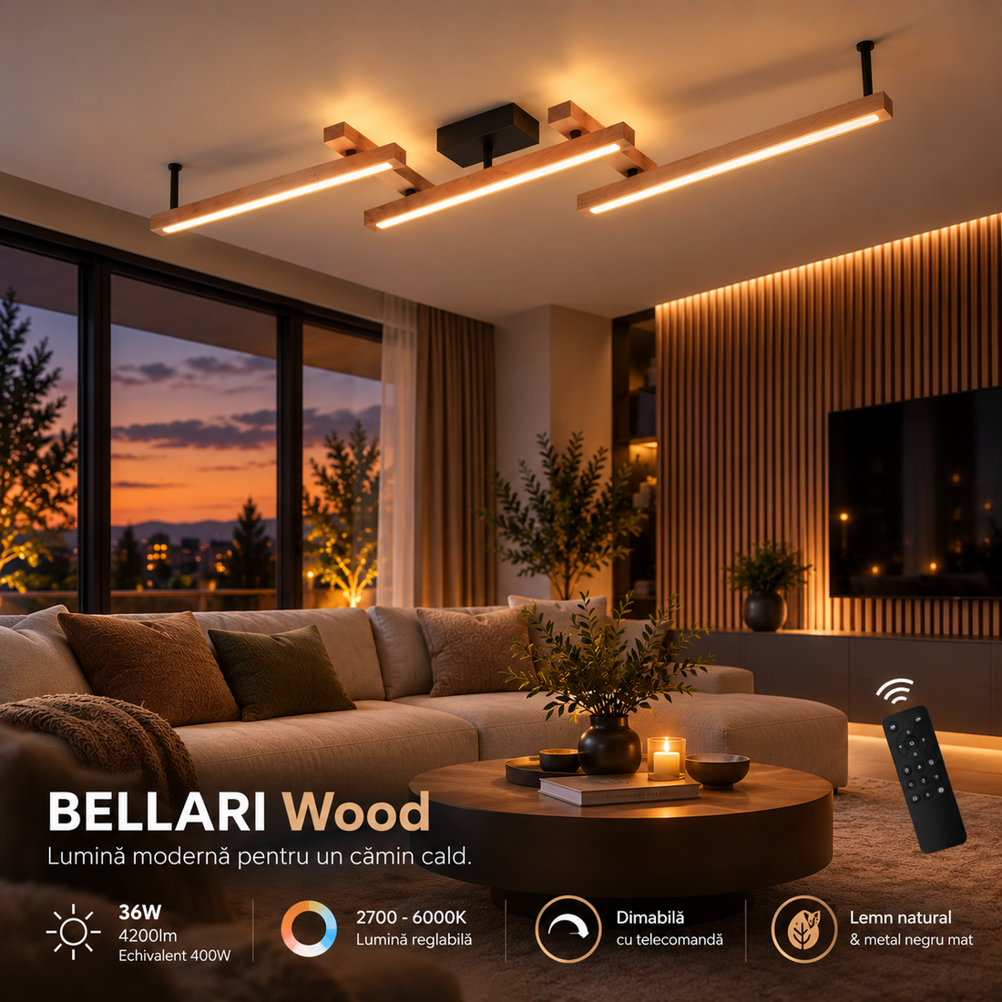 LED осветително тяло BELLARI Wood, регулируемо, еквивалент 400W, с дистанционно
