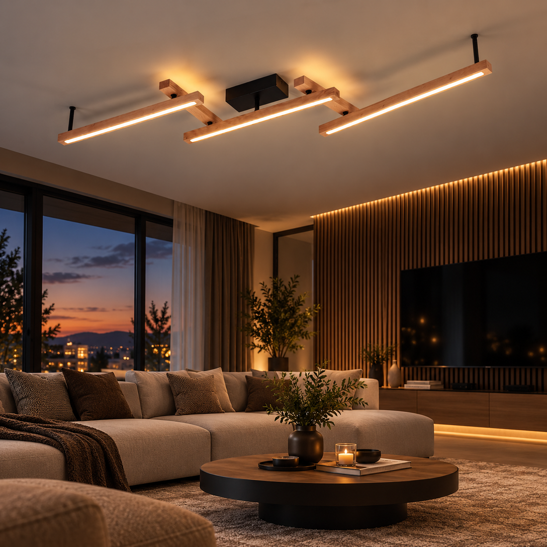 LED осветително тяло BELLARI Wood, регулируемо, еквивалент 400W, с дистанционно