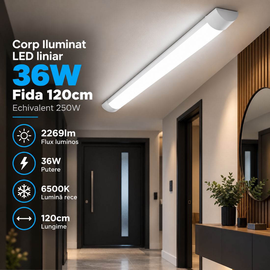 Линеен LED осветител 36W Fida 120cm Еквивалент 250W