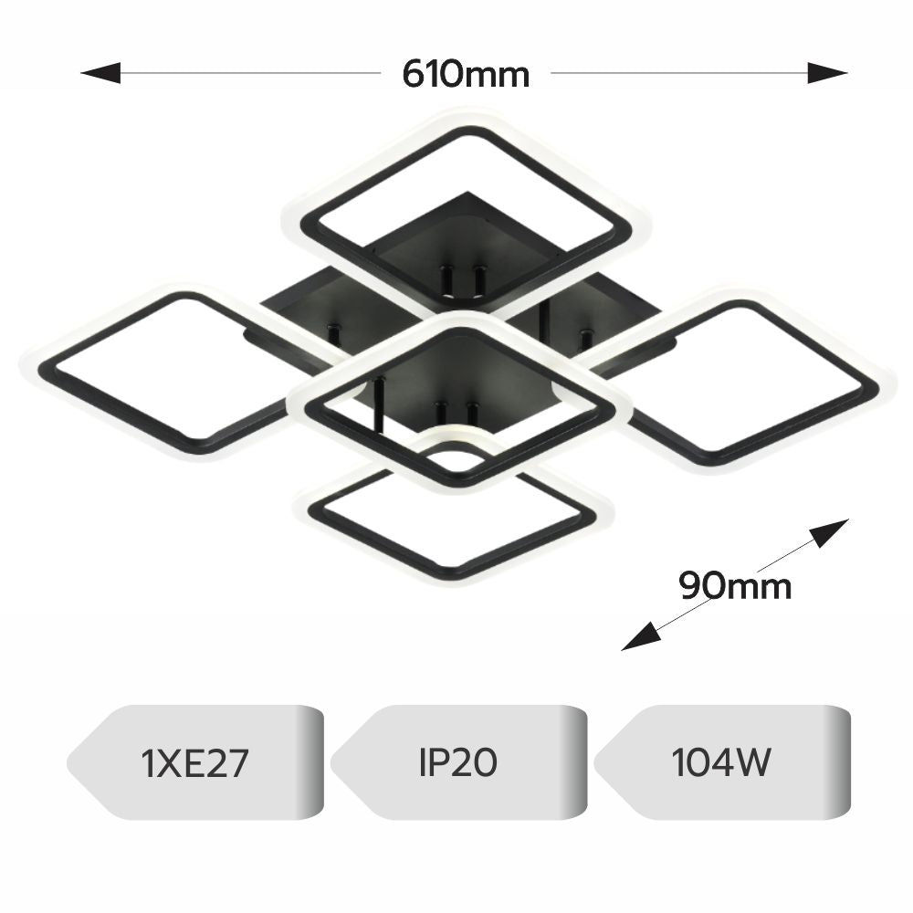 LED Осветително тяло 4+1 Big SQUARE BLACK 60CM Еквивалент 850W с дистанционно