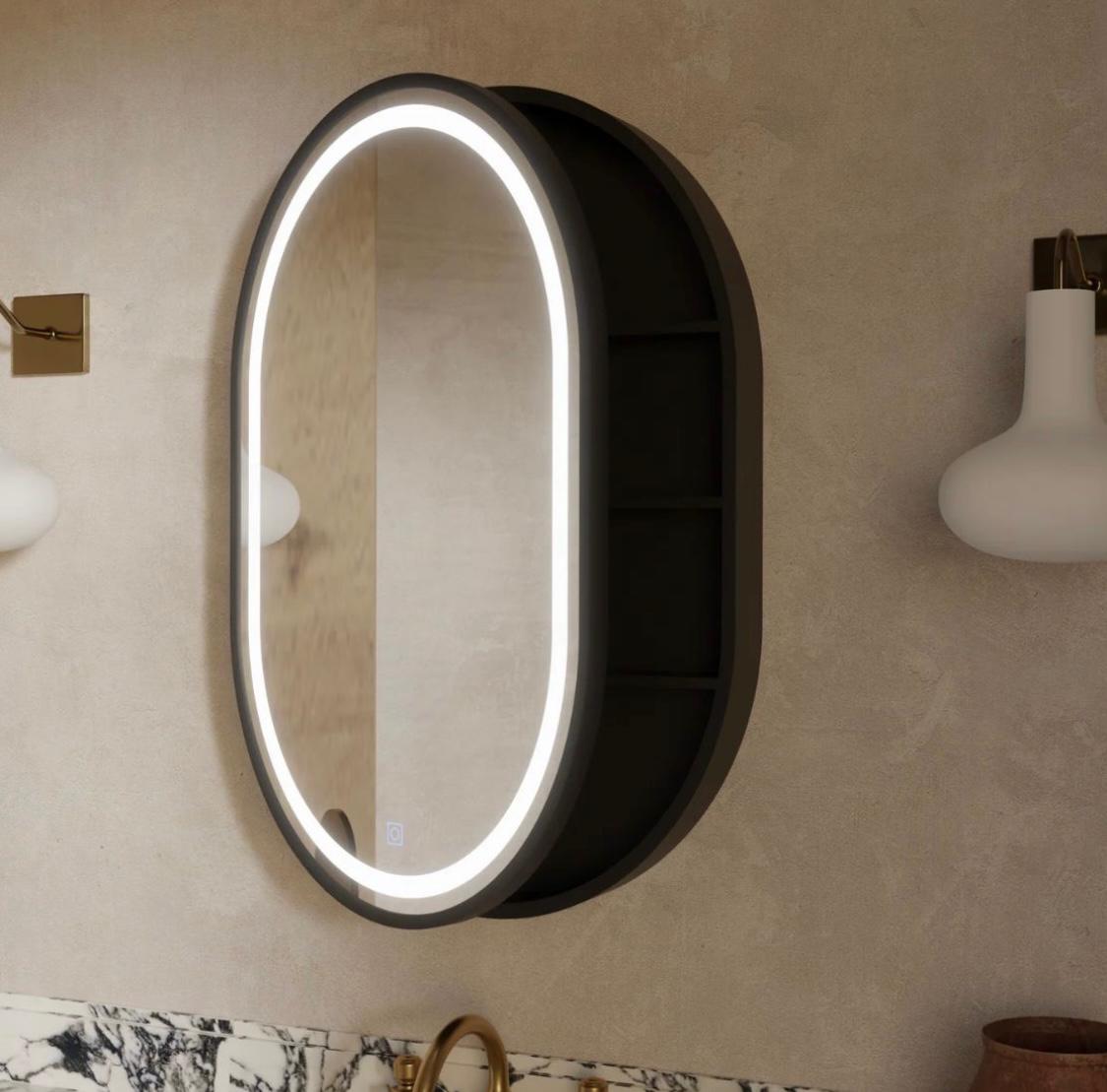 Шкаф за баня с овално LED огледало 50x80cm 3 вида светлина и демистер