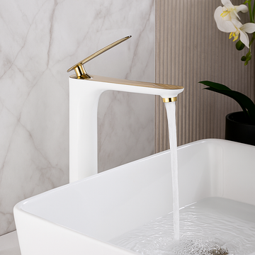 Висок смесител за мивка бял златен елегантен дизайн месинг