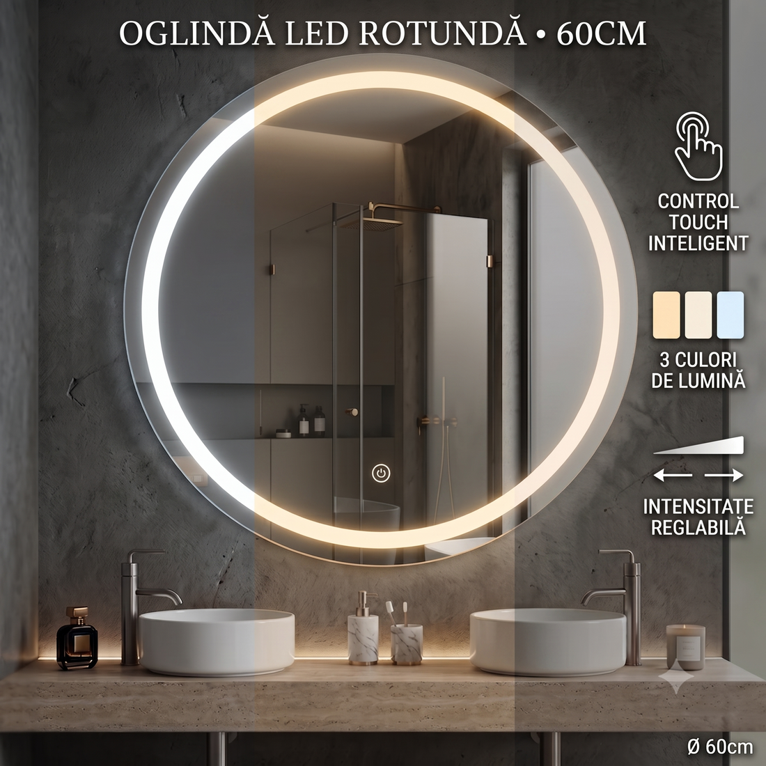 Кръгло LED огледало 60 cm Touch 3 функции