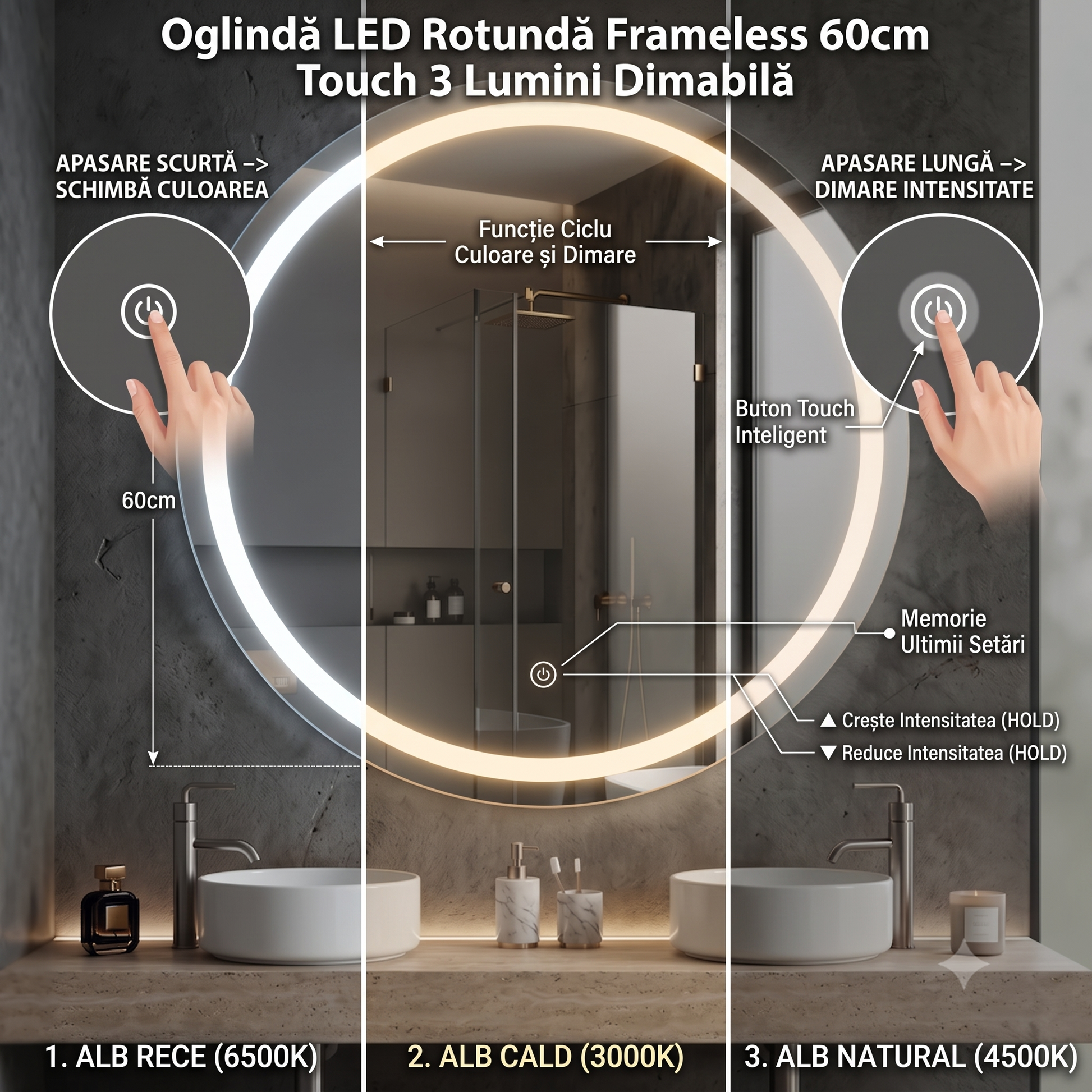 Кръгло LED огледало 60 cm Touch 3 функции