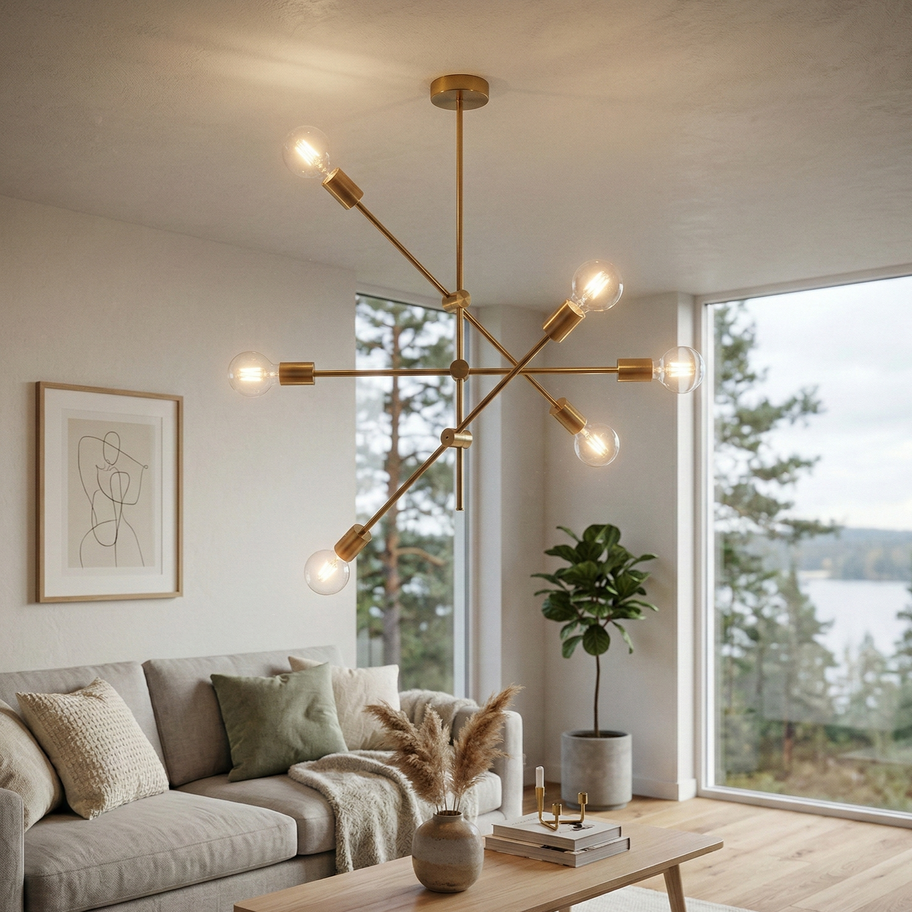 Осветително тяло в северен стил Mid-Century 6xE27 Gold