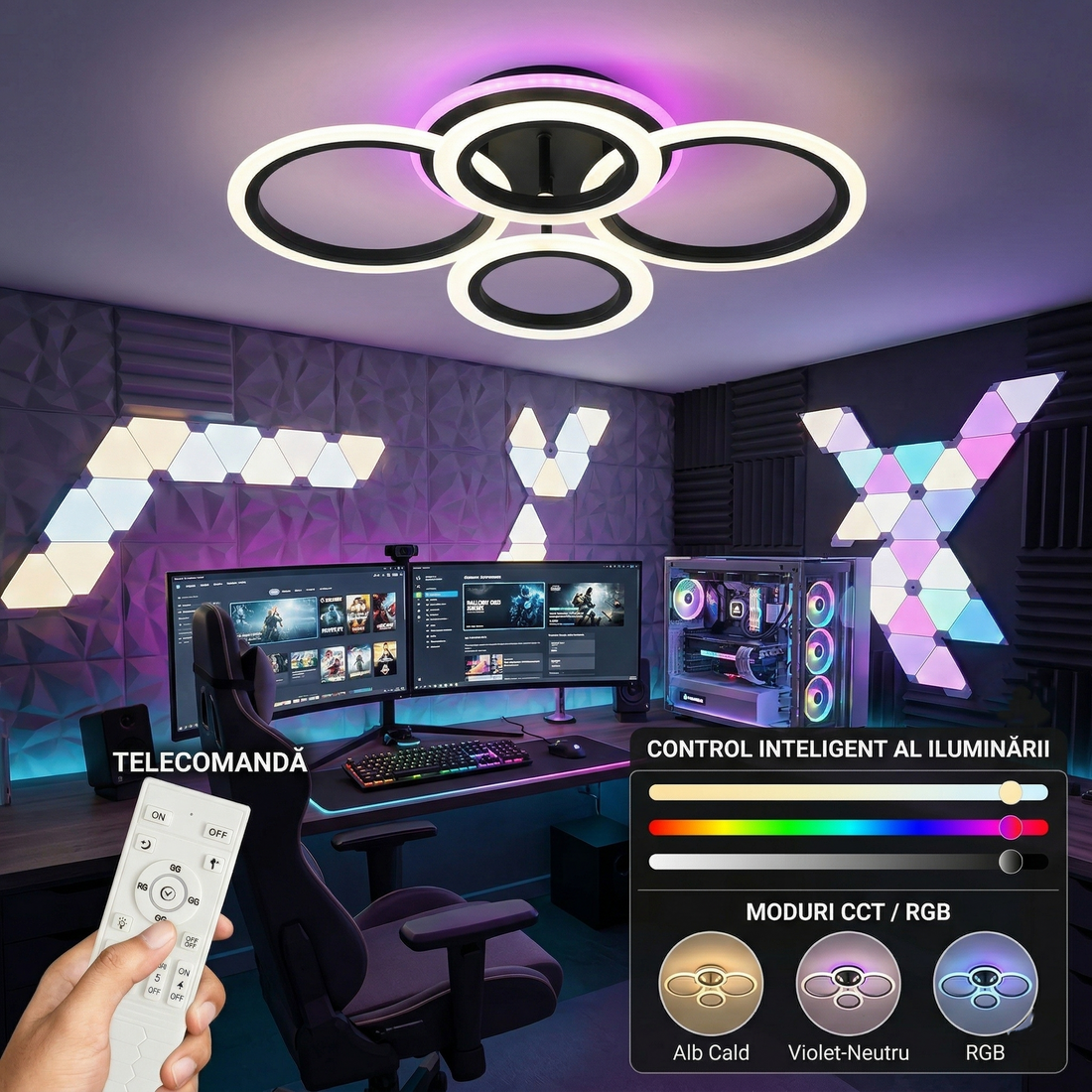 LED осветително тяло 4 Circle RGB BLACK Еквивалент 500W Дистанционно