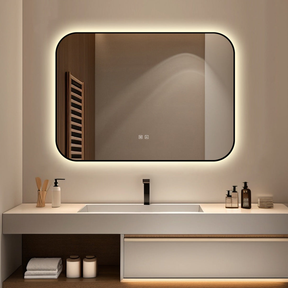 Правоъгълно LED огледало 90x65cm с функция против замъгляване и Touch