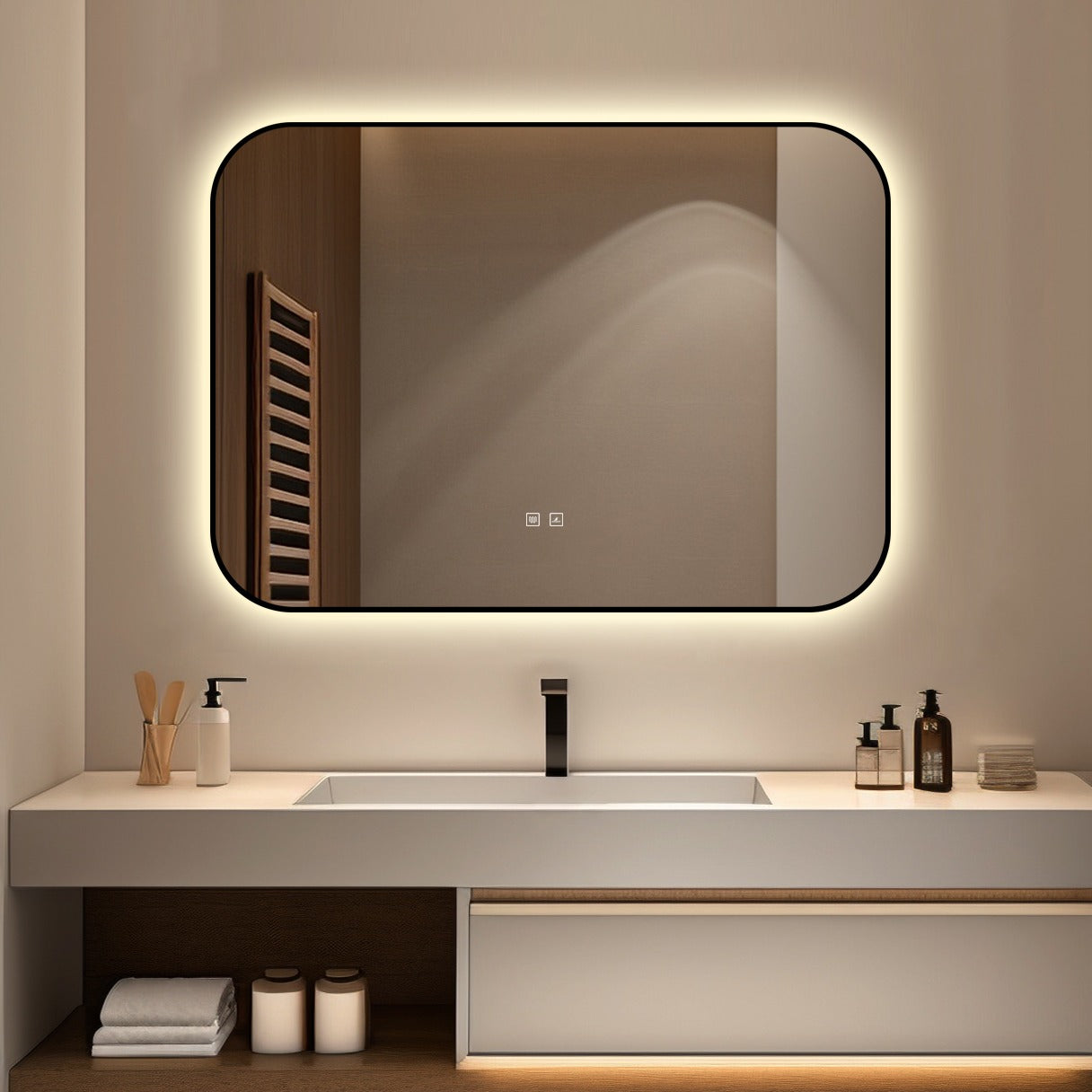 Правоъгълно LED огледало 90x65cm с функция против замъгляване и Touch