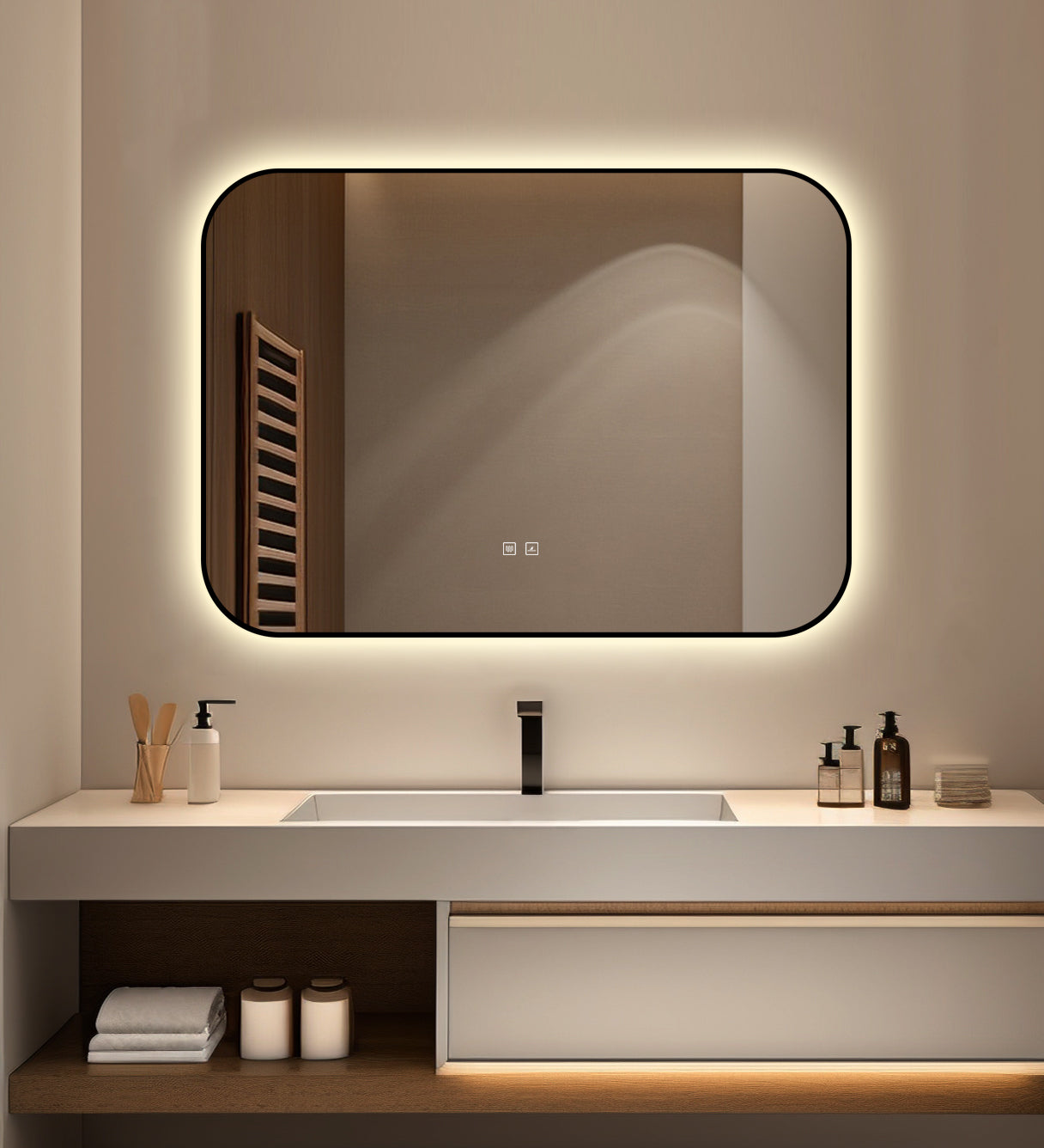 Правоъгълно LED огледало 90x65cm с функция против замъгляване и Touch