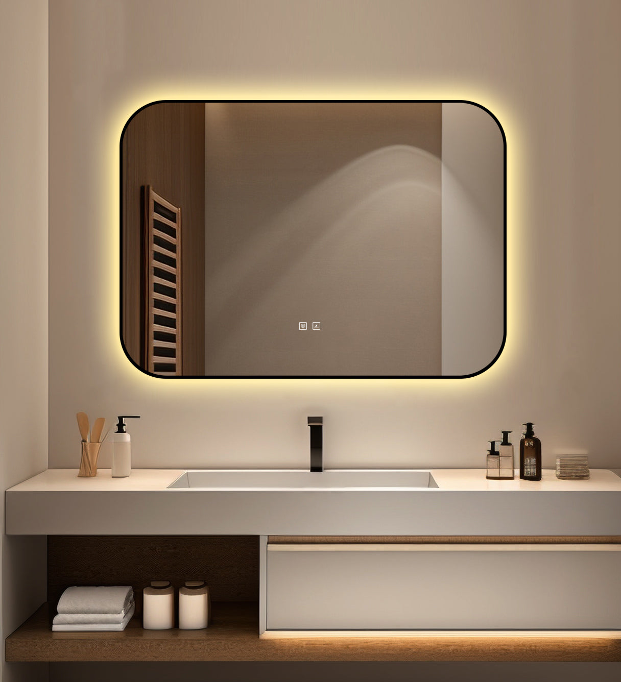 Правоъгълно LED огледало 90x65cm с функция против замъгляване и Touch