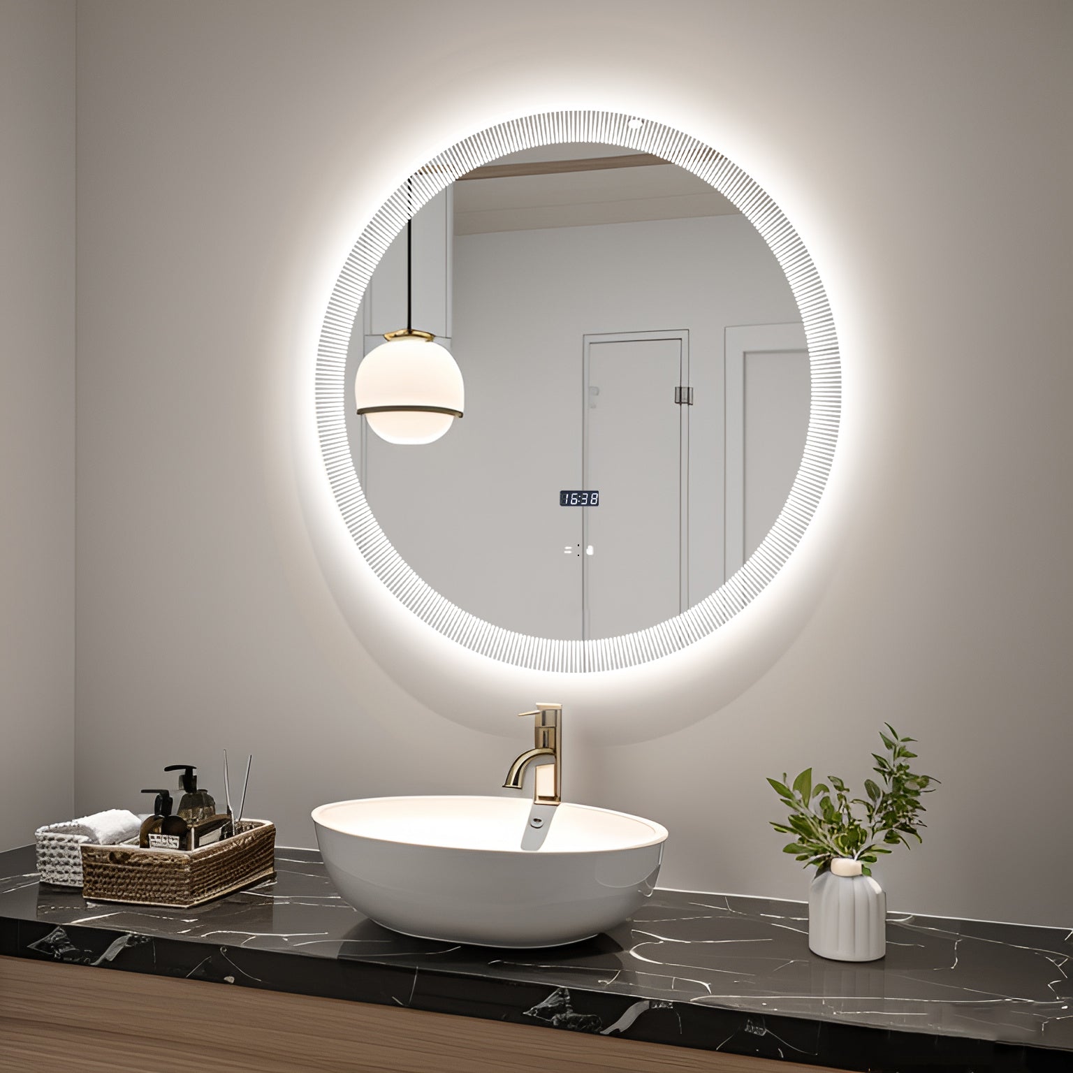 Кръгло LED огледало с часовник Ø70cm с функция против замъгляване и Touch