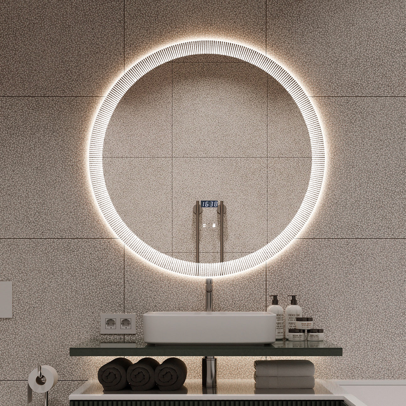Кръгло LED огледало с часовник Ø70cm с функция против замъгляване и Touch