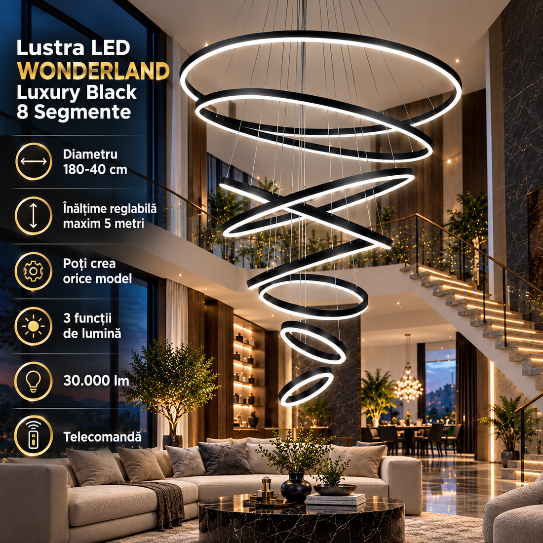 LED осветително тяло WONDERLAND Luxury Black 8 сегмента еквивалент 3000W