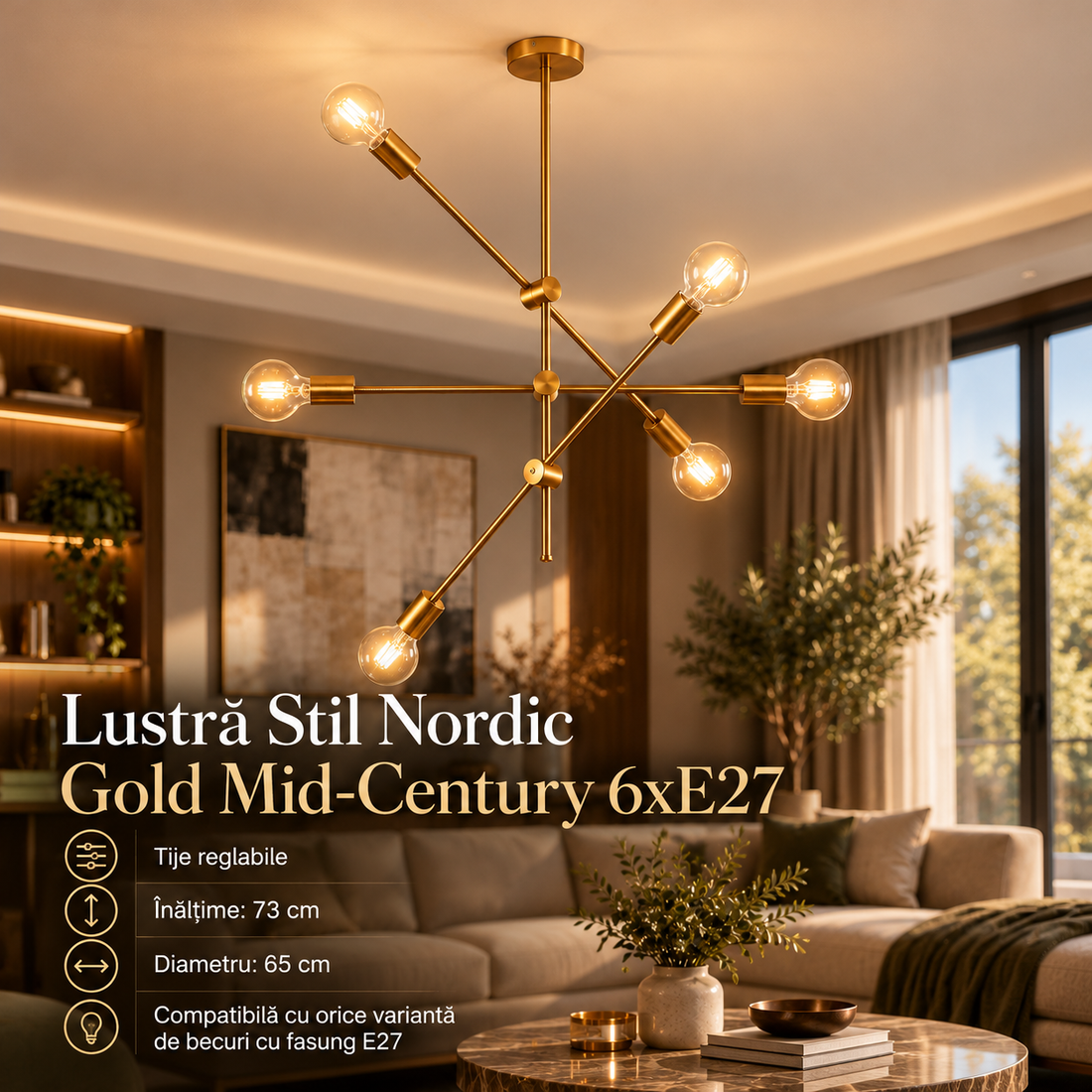Осветително тяло в северен стил Mid-Century 6xE27 Gold