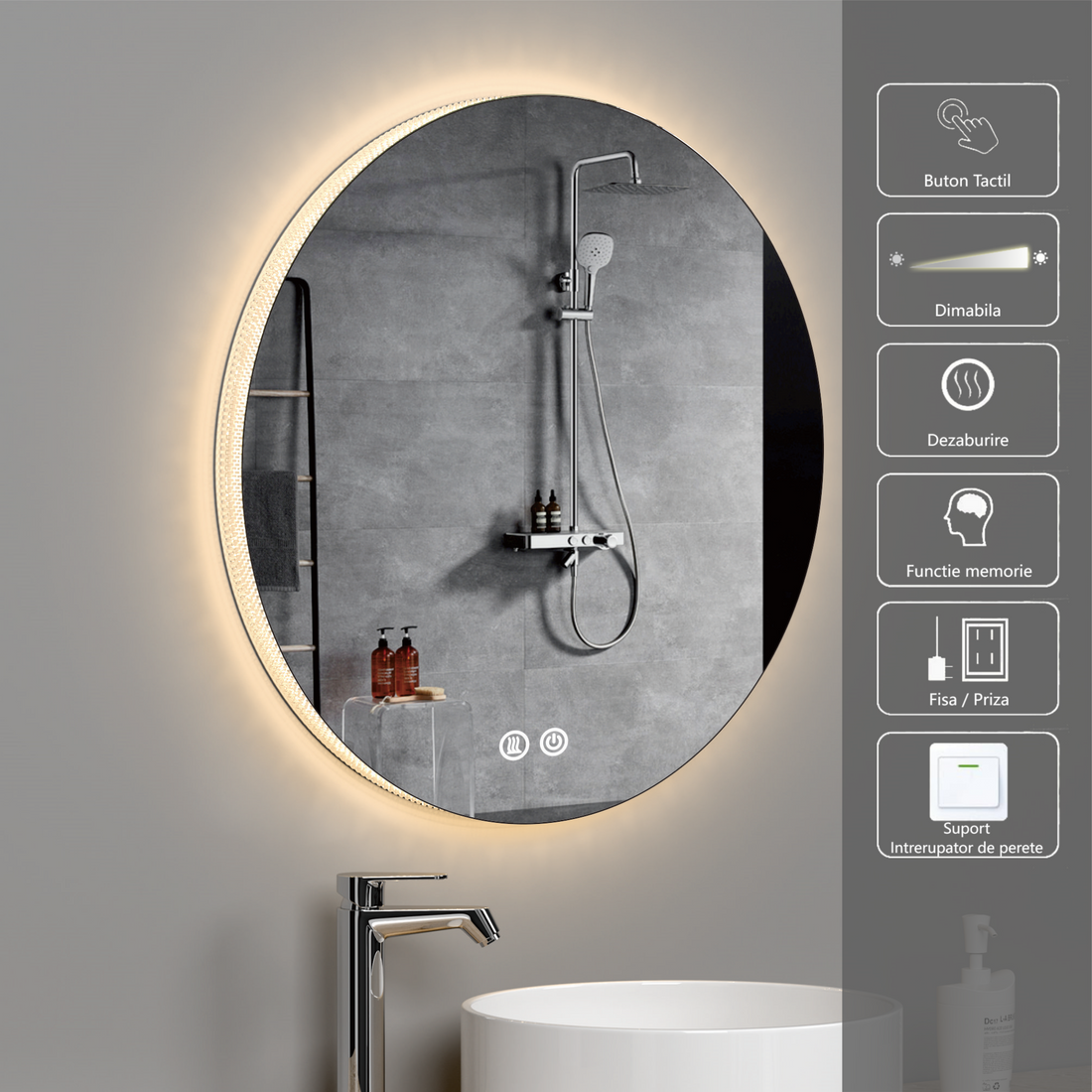 Кръгло LED огледало 70cm, 3 вида светлина, против замъгляване и Touch OD025