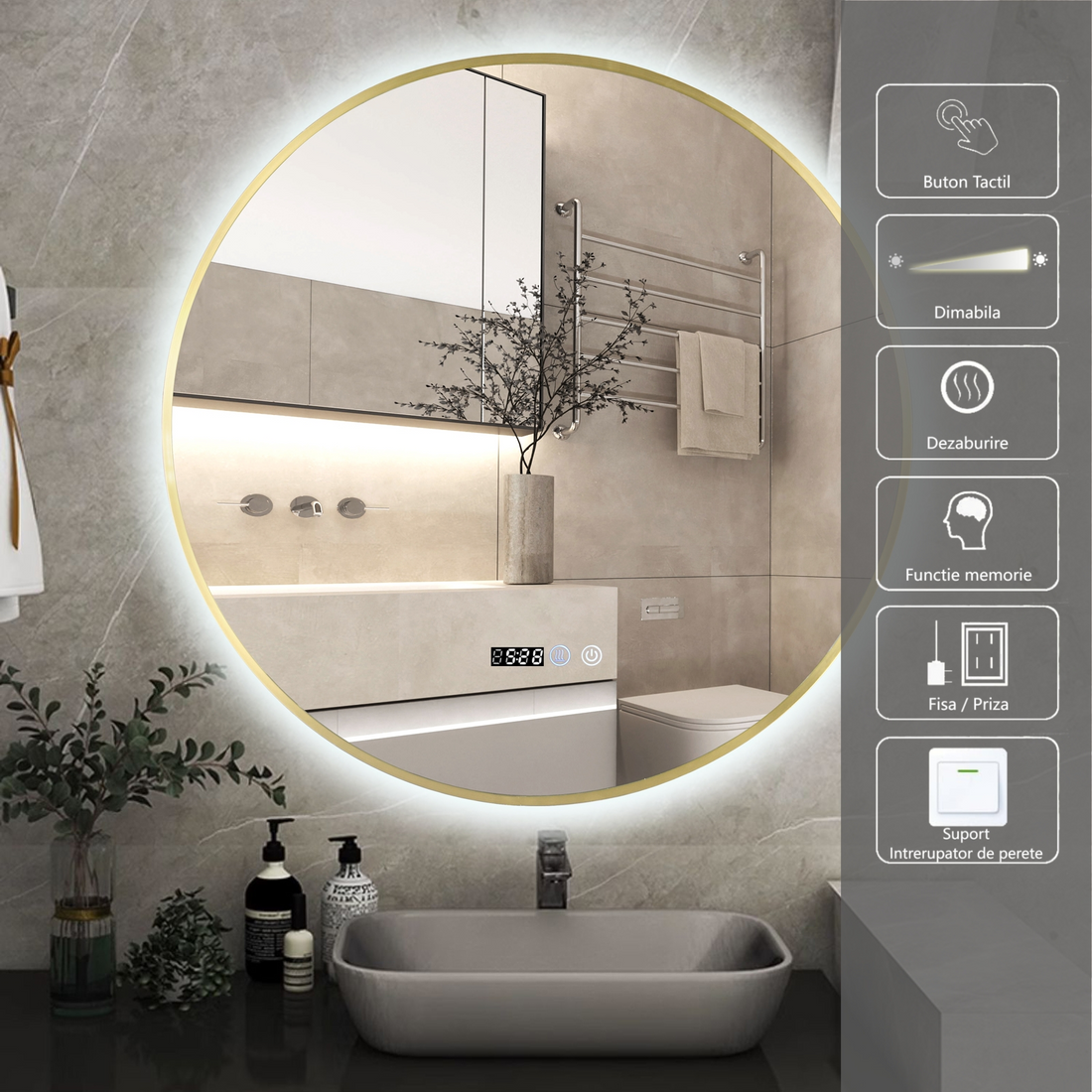 Oglinda Led Rotunda 70Cm Rama Aurie Ceas Temperatura Touch Si 3 Lumini Od010T/Gd Mirror
