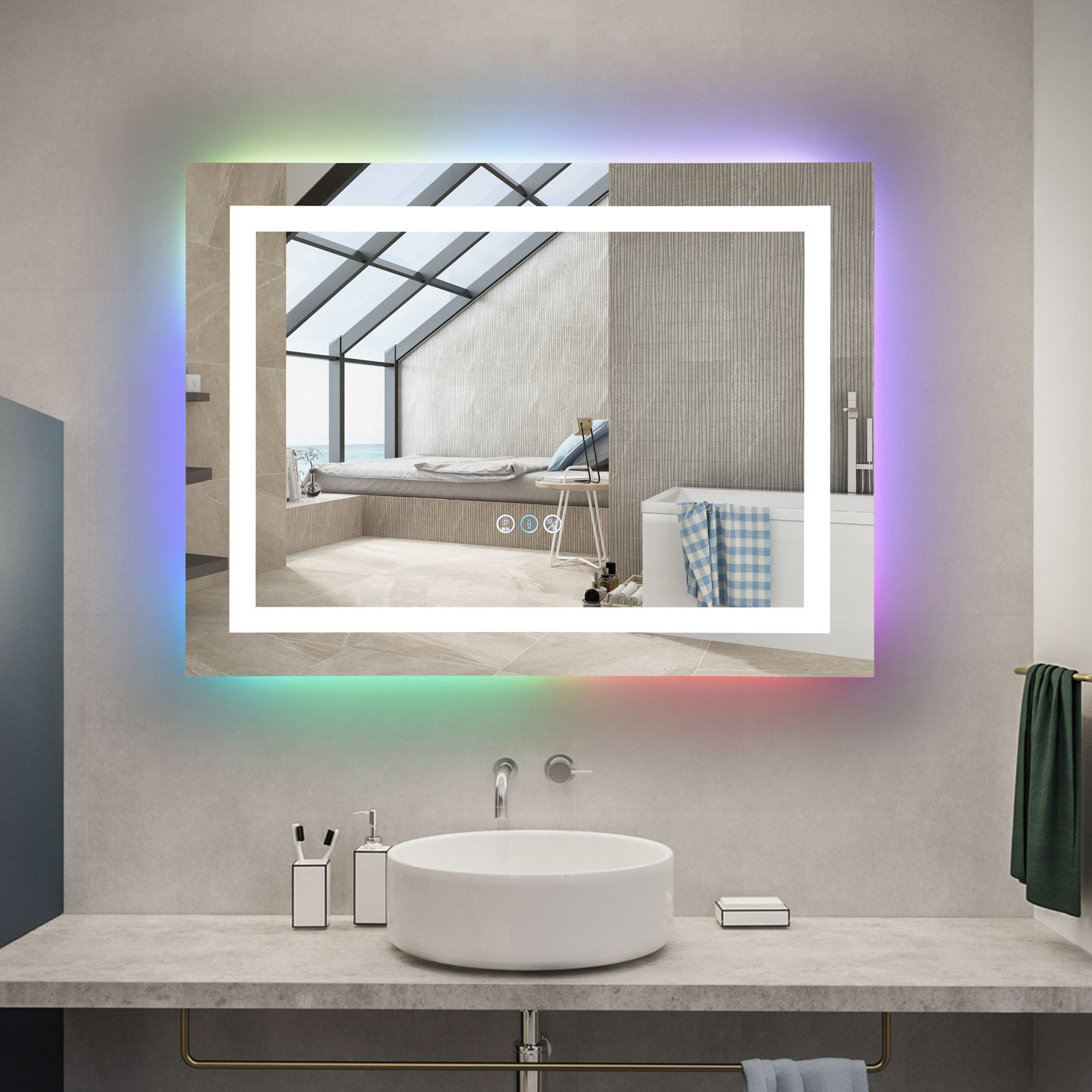 LED огледало RGB 80x60cm, 3 вида светлина, против запотяване и Touch OD014-RGB