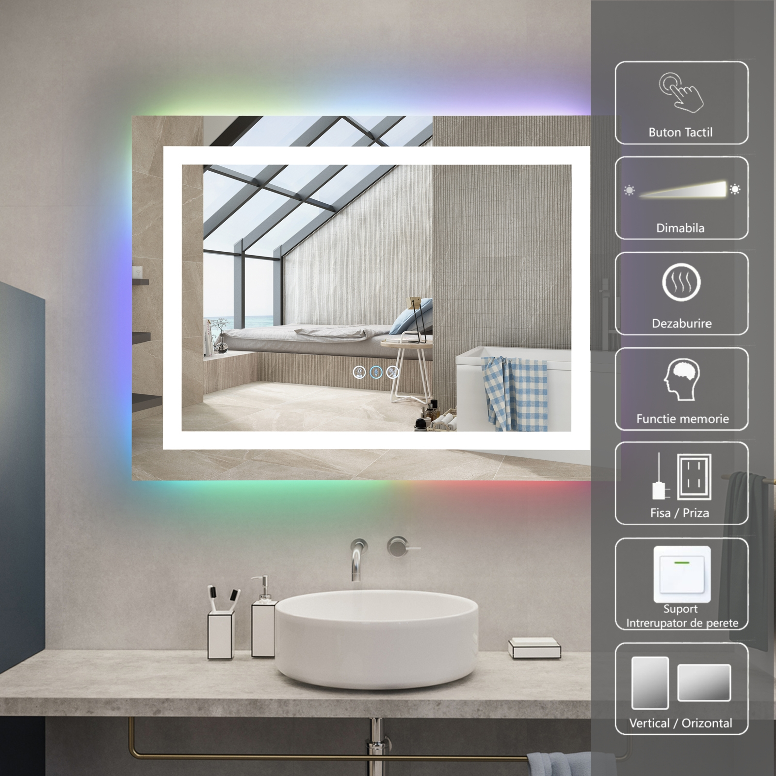 LED огледало RGB 80x60cm, 3 вида светлина, против запотяване и Touch OD014-RGB