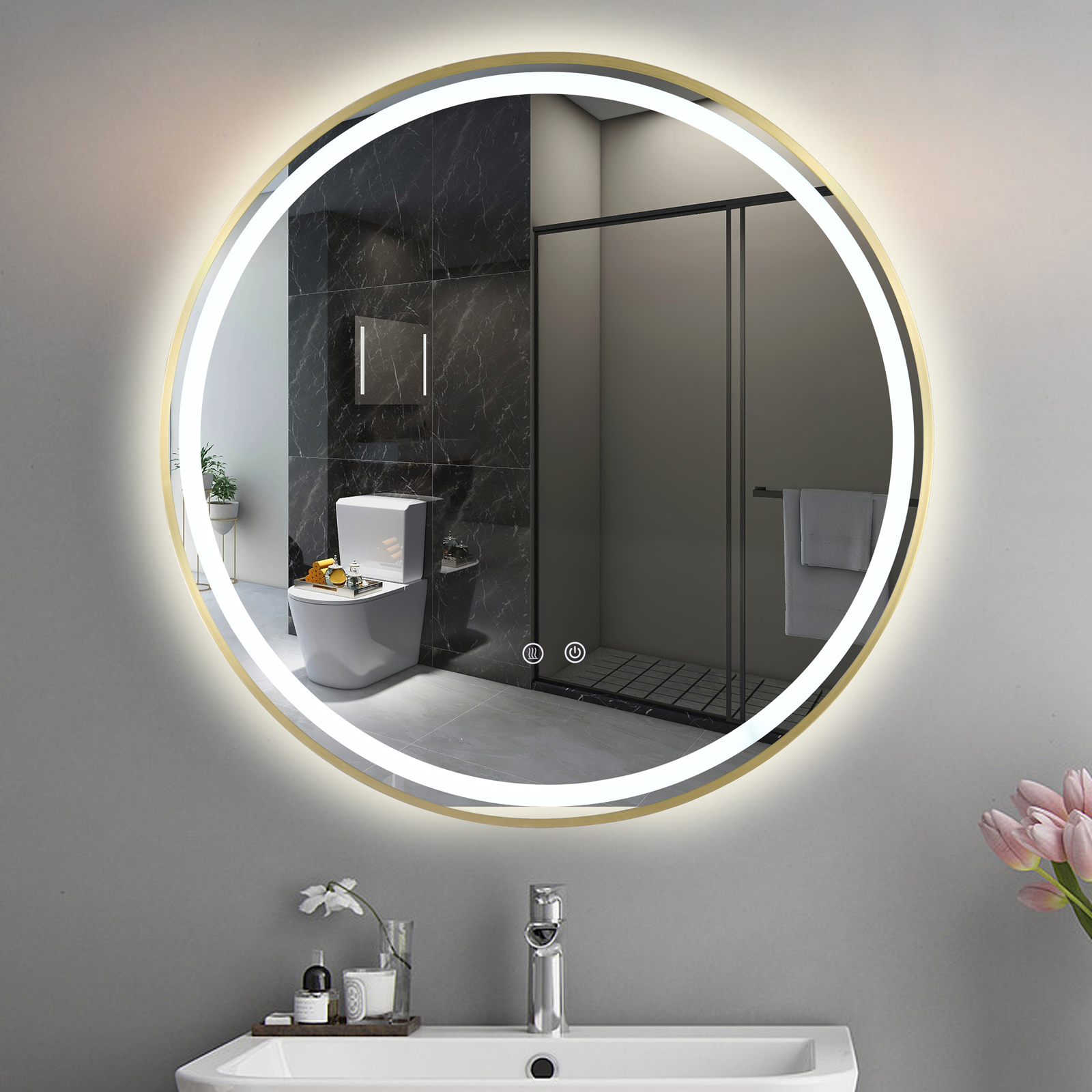 Кръгло LED огледало 70cm, златиста рамка, Touch и 3 вида светлина OD016/GD