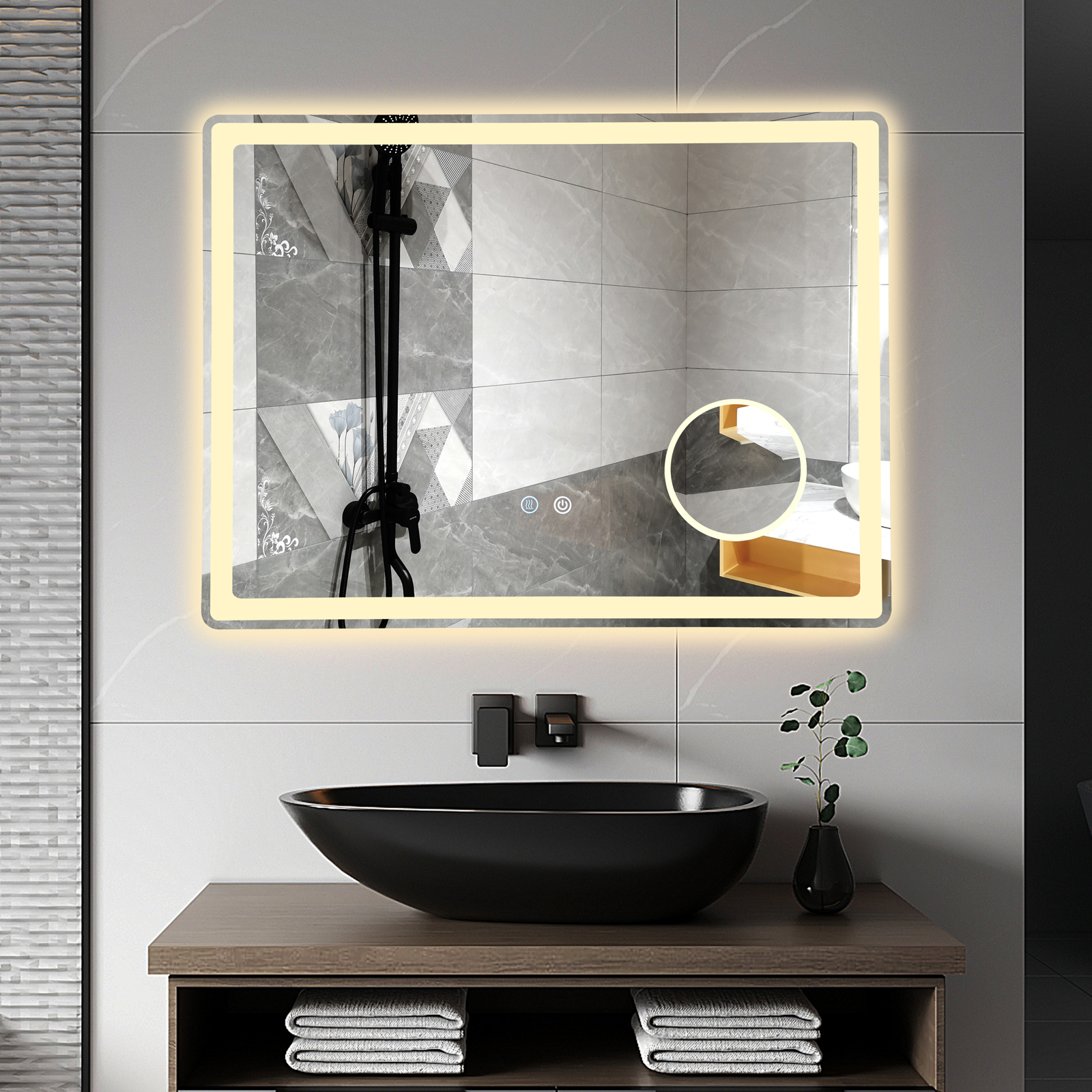 LED огледало 80x60cm, лупа, 3 вида светлина, против запотяване и Touch OD023