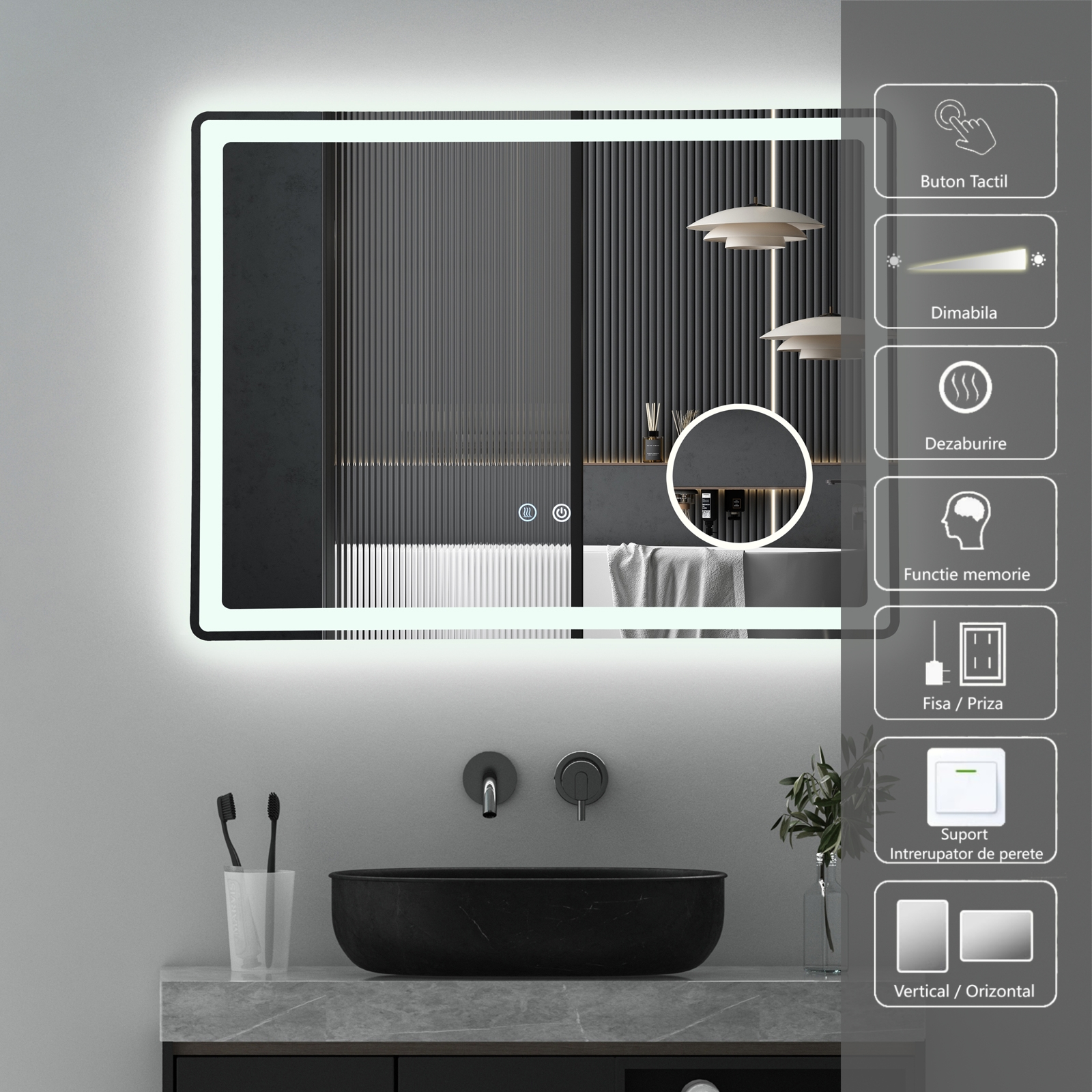 LED огледало 80x60cm, лупа, 3 вида светлина, против запотяване и Touch OD023