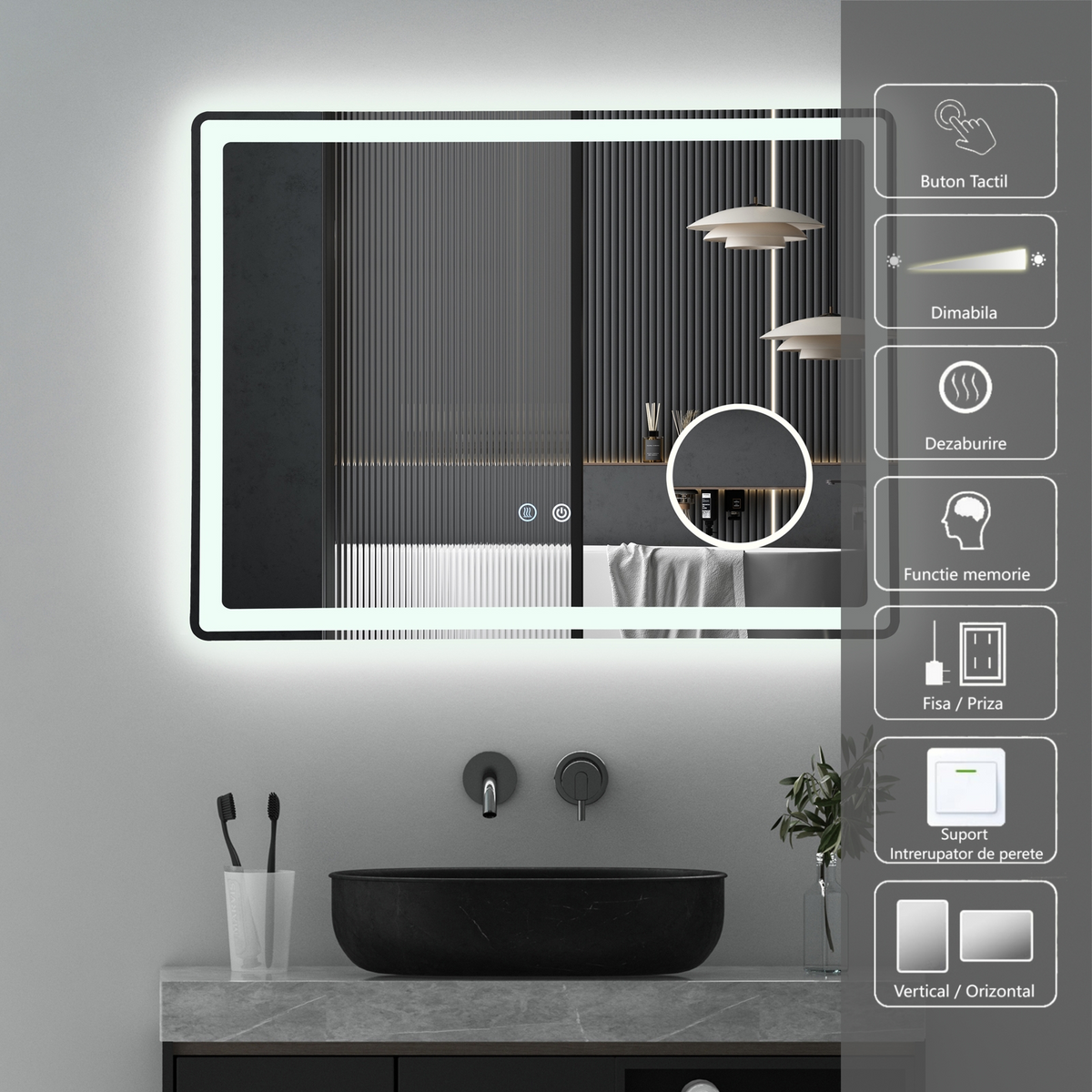 Oglinda Led 80X60Cm Lupa 3 Lumini Dezaburire Si Touch Od023 Mirror