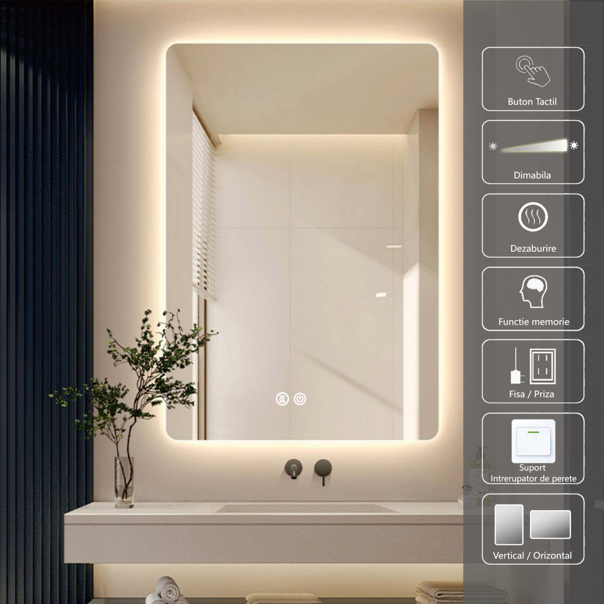 LED огледало 50x70cm, 3 вида светлина, против замъгляване и Touch OD030