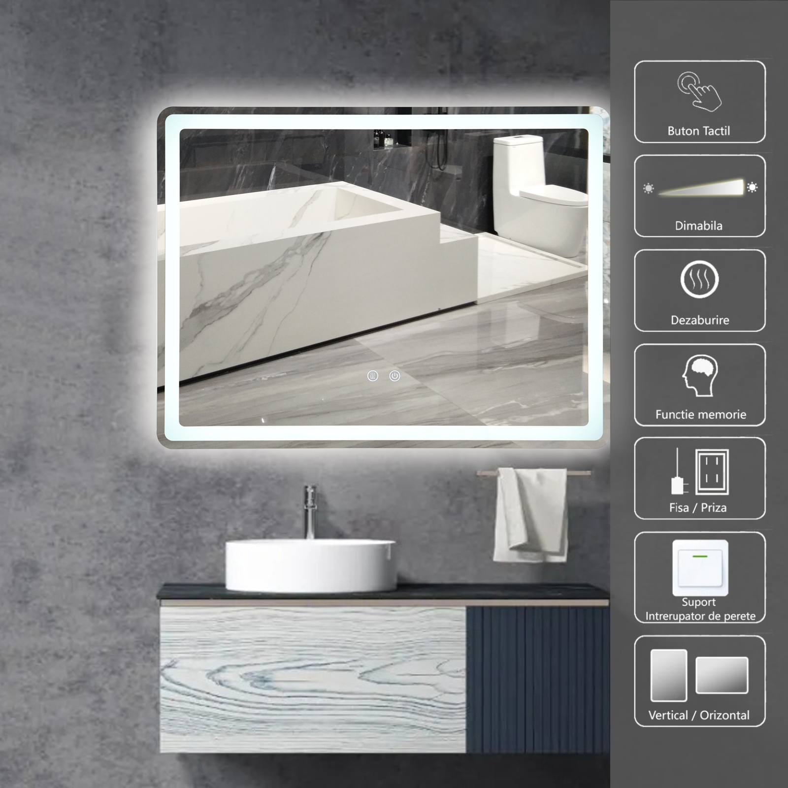 LED огледало 80x60cm, 3 вида светлина, против запотяване и Touch OD037Y