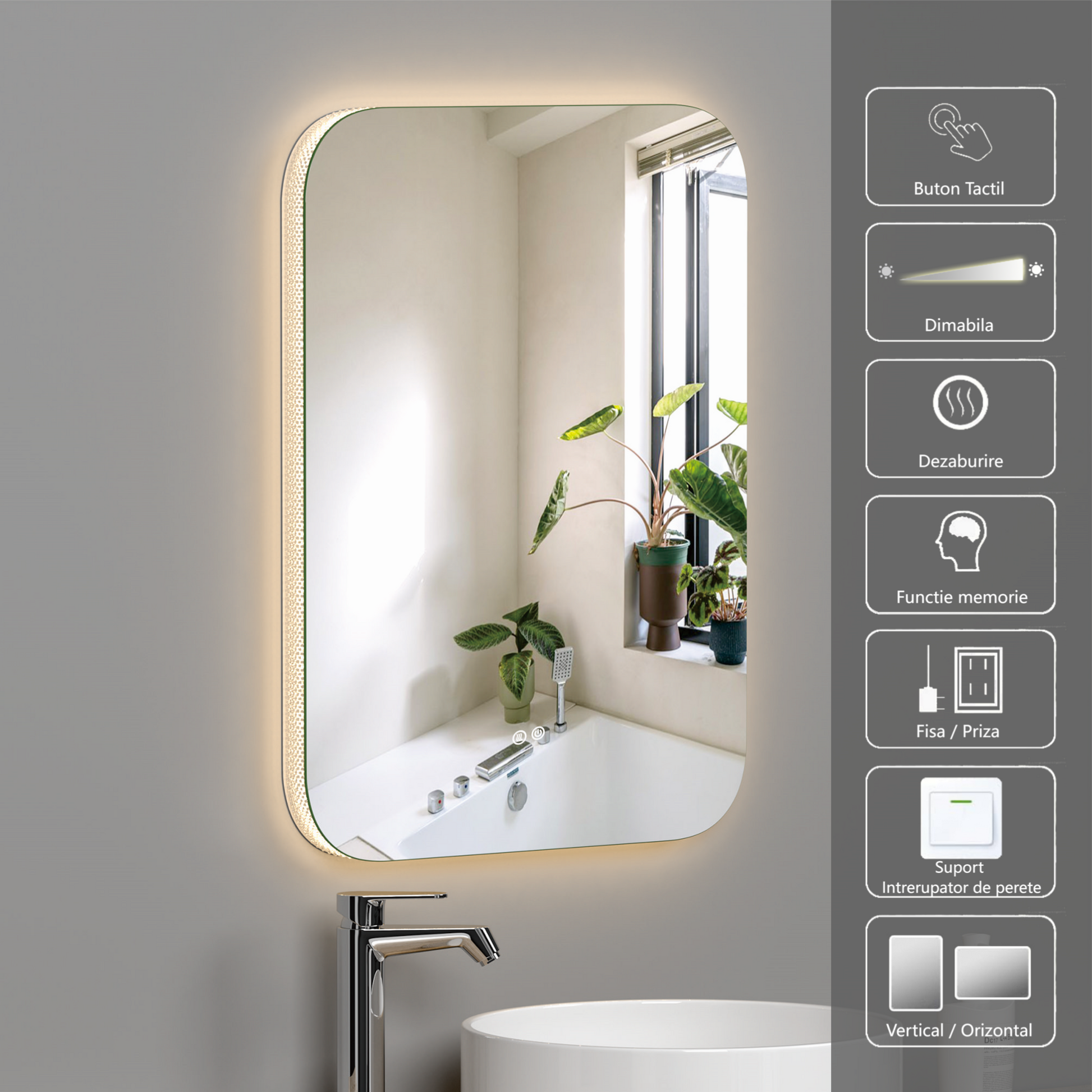 LED огледало 60x80cm, 3 вида светлина, против запотяване и Touch OD003