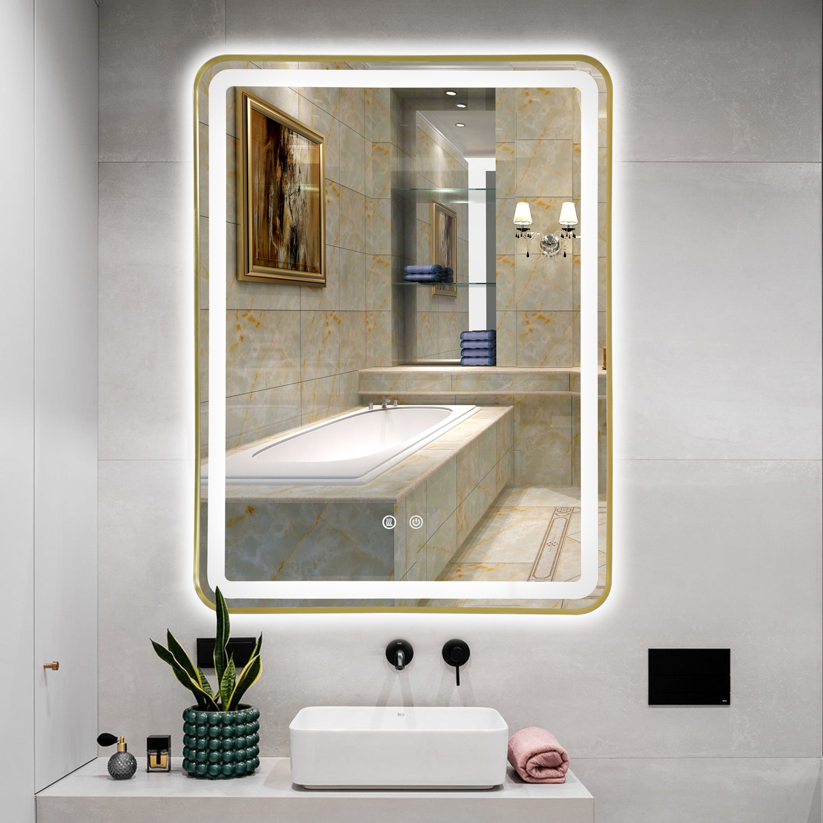 LED огледало 60x80cm Златиста рамка, 3 вида светлина, против замъгляване и Touch OD039/GD