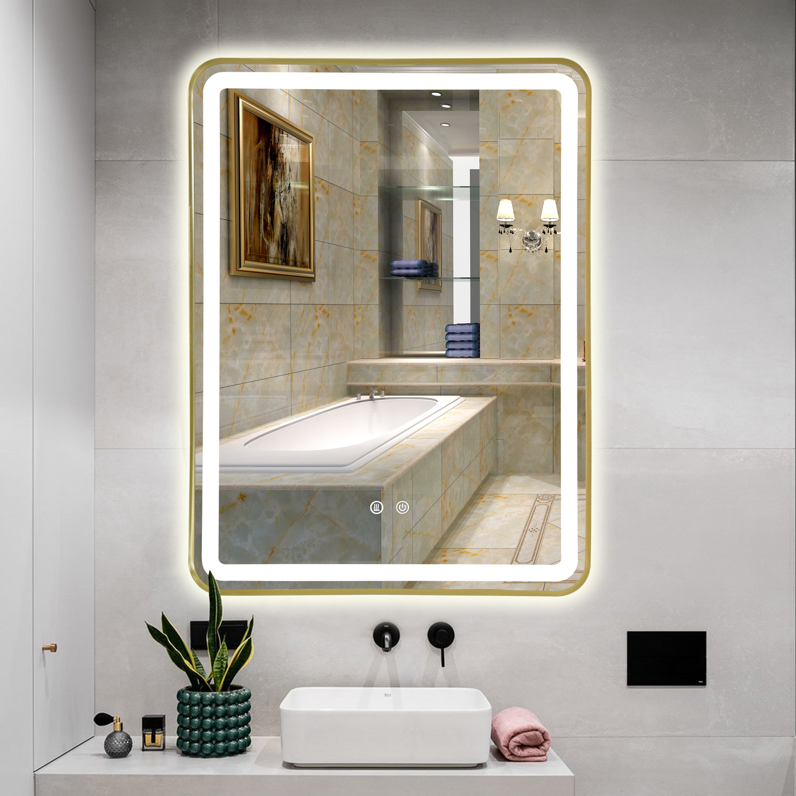 LED огледало 60x80cm Златиста рамка, 3 вида светлина, против замъгляване и Touch OD039/GD