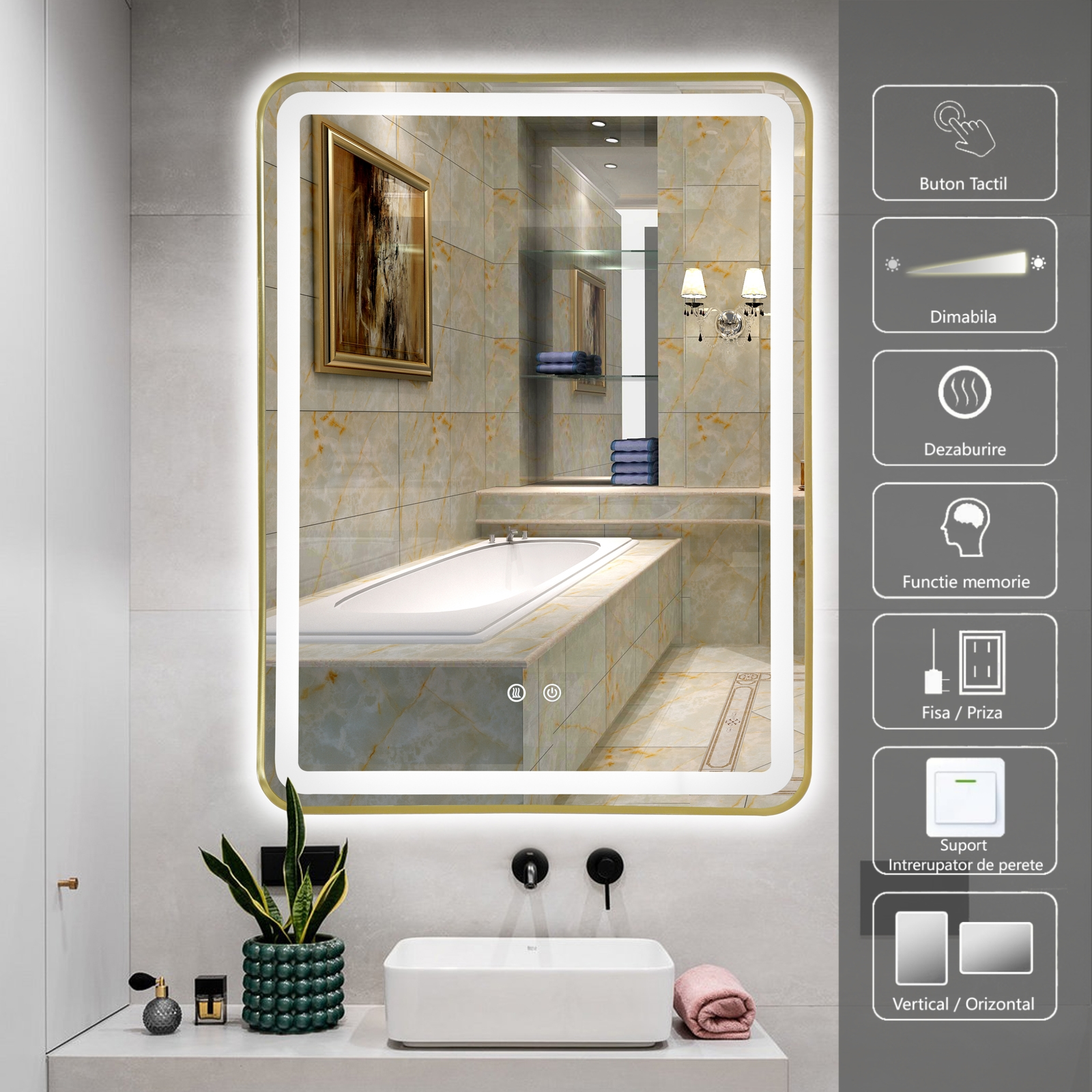 LED огледало 60x80cm Златиста рамка, 3 вида светлина, против замъгляване и Touch OD039/GD