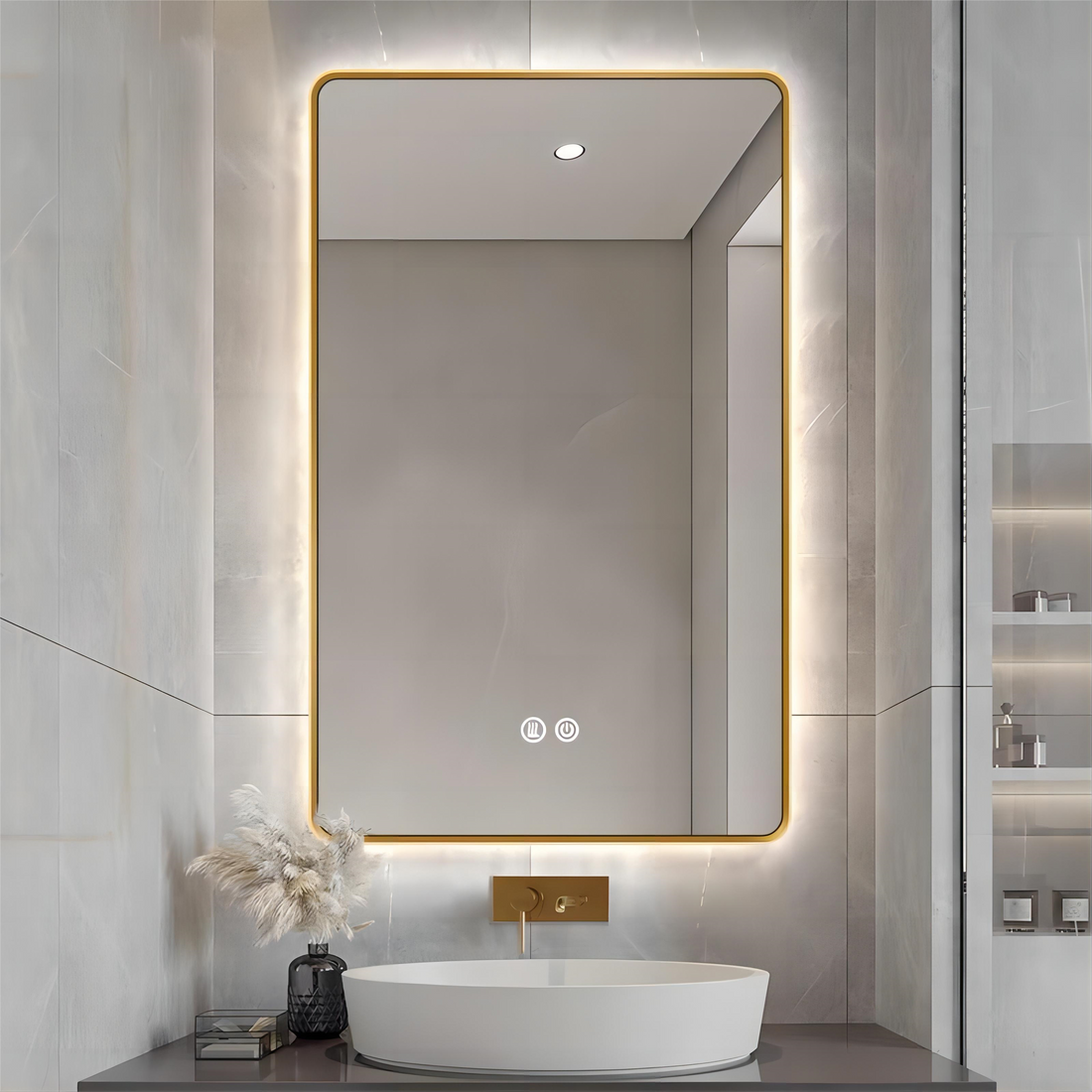 LED огледало 60x80cm Златиста рамка, 3 вида светлина, против замъгляване и Touch OD041/GD